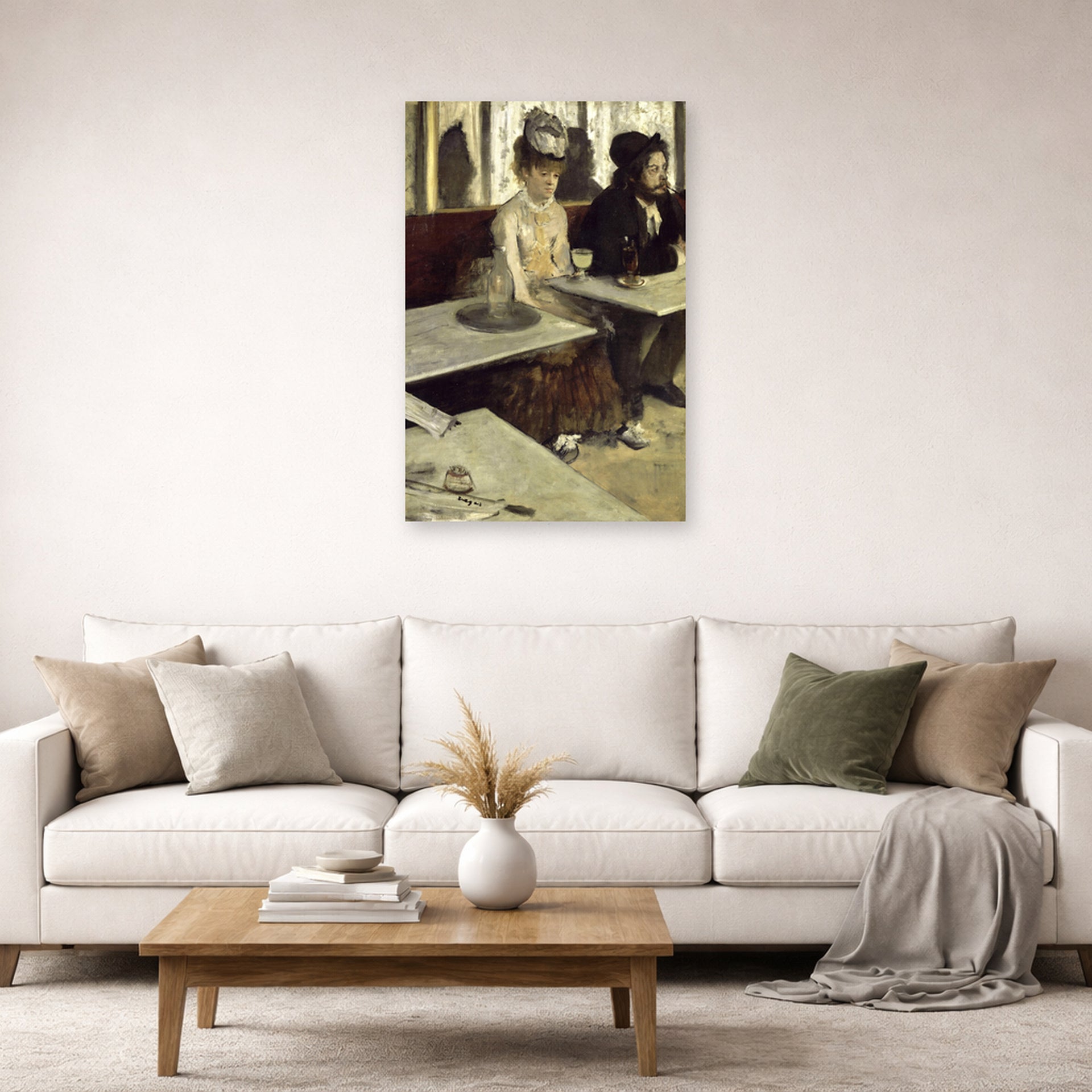 Unframed poster print of Edgar Degas's Labsinthe displayed on a wall in a living room