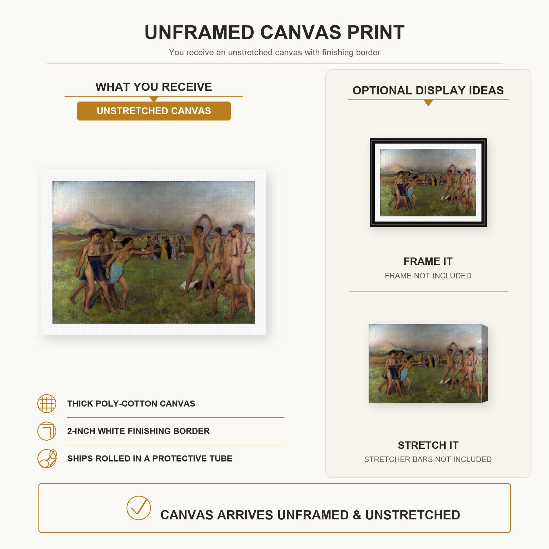 Edgar Degas - Nude Spartans Excersizing canvas print size comparison and framing display infographic