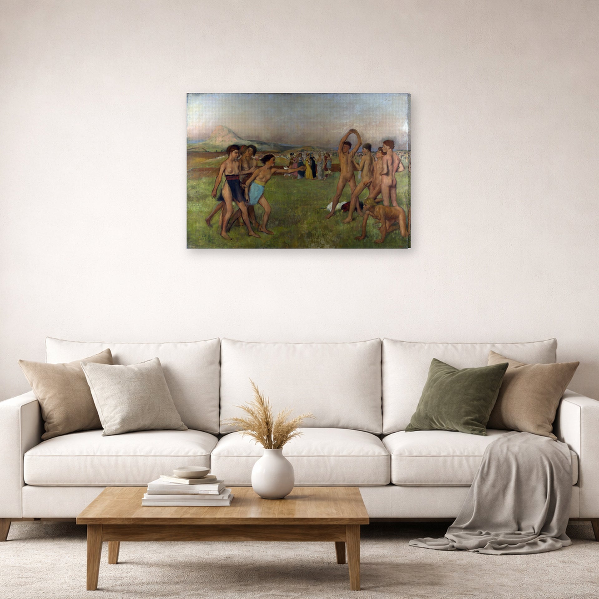 Gallery-wrapped canvas print of Edgar Degas's Nude Spartans Excersizing displayed on a wall in a living room