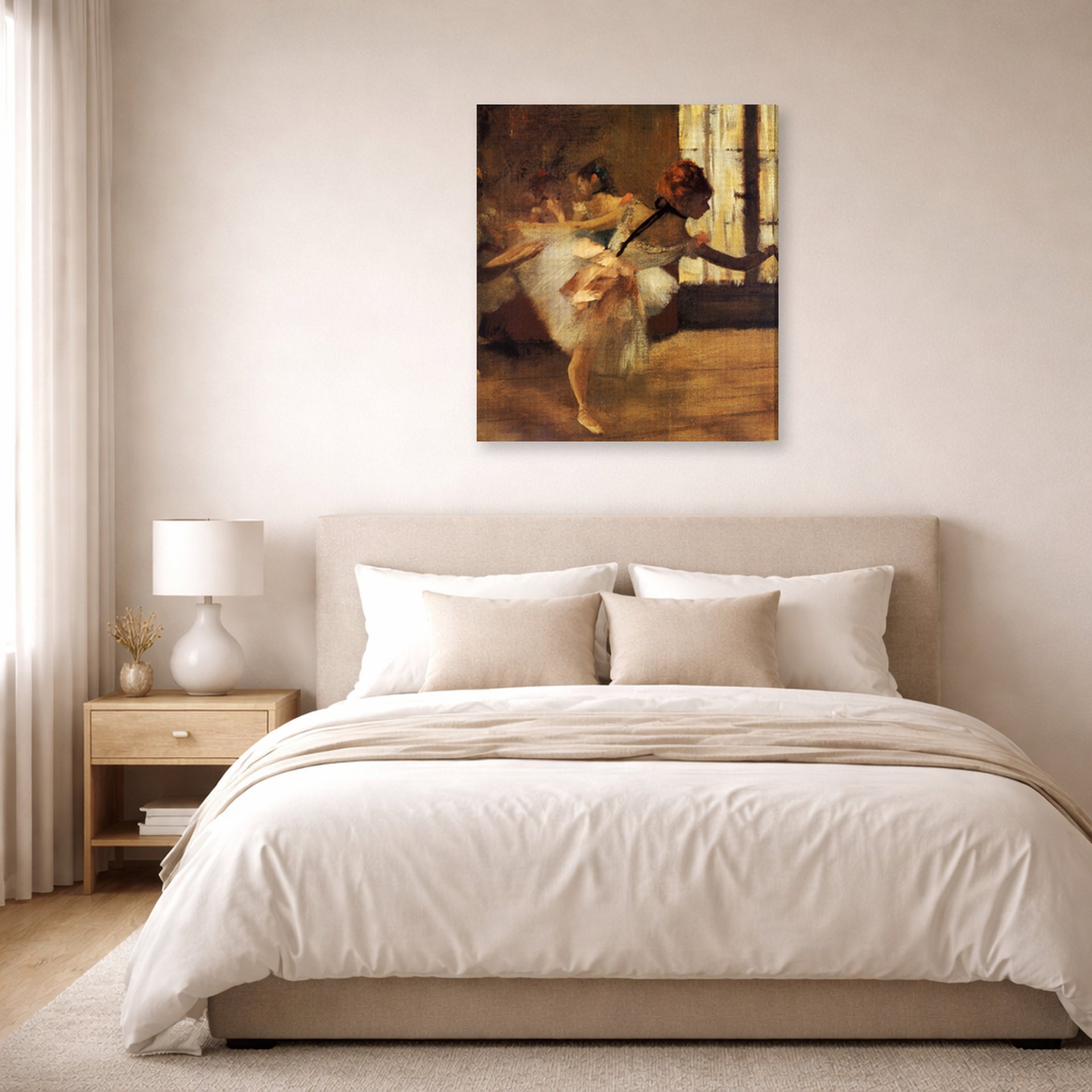 Gallery-wrapped canvas print of Edgar Degas's Repetition of the Dance displayed on a wall in a bedroom
