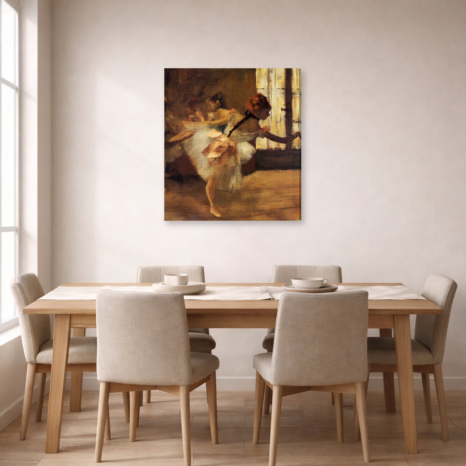 Gallery-wrapped canvas print of Edgar Degas's Repetition of the Dance displayed on a wall in a dining