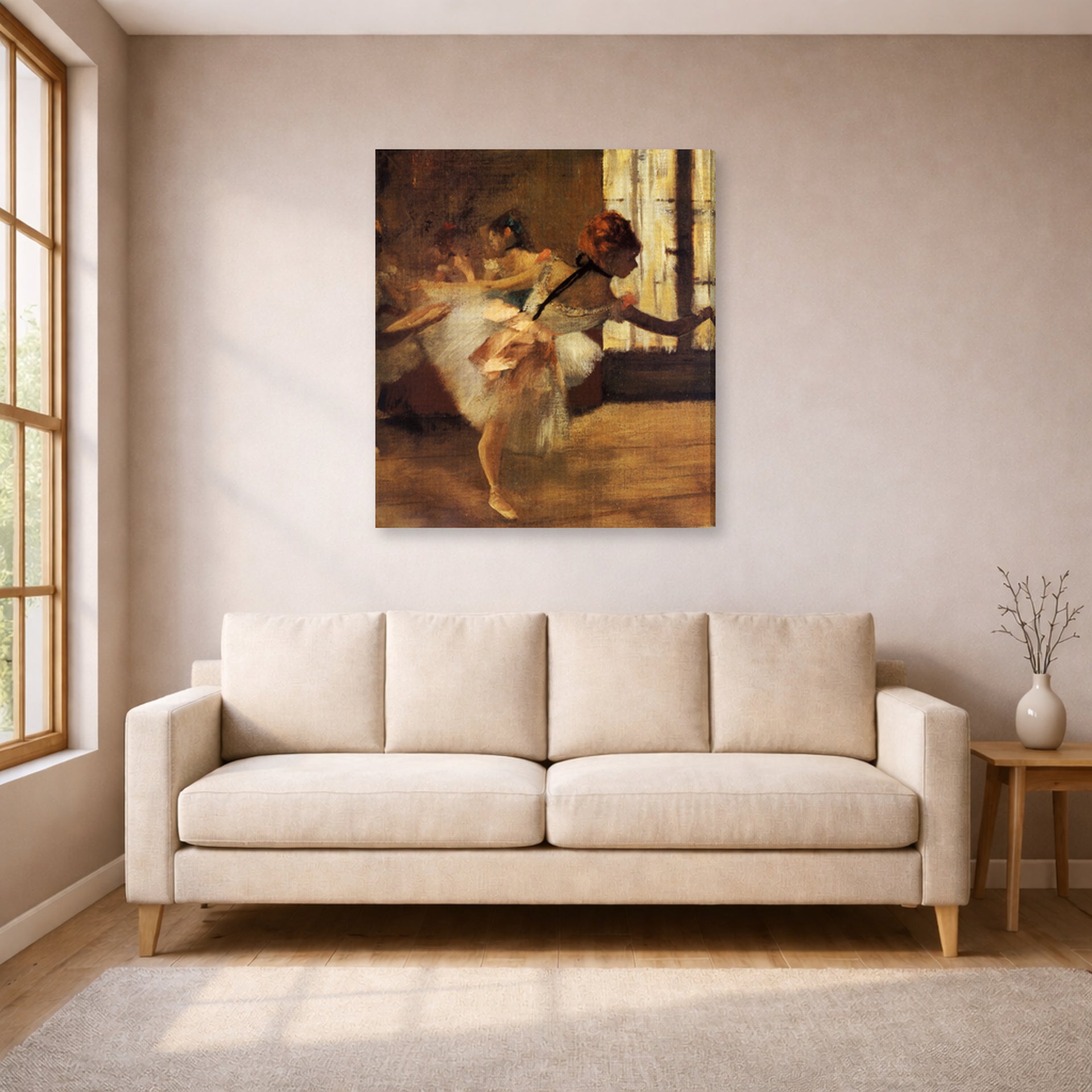 Gallery-wrapped canvas print of Edgar Degas's Repetition of the Dance displayed on a wall in a living room