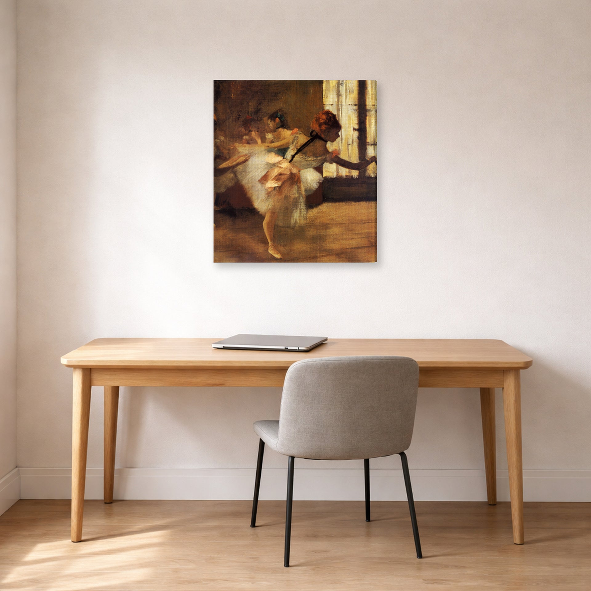 Gallery-wrapped canvas print of Edgar Degas's Repetition of the Dance displayed on a wall in a office