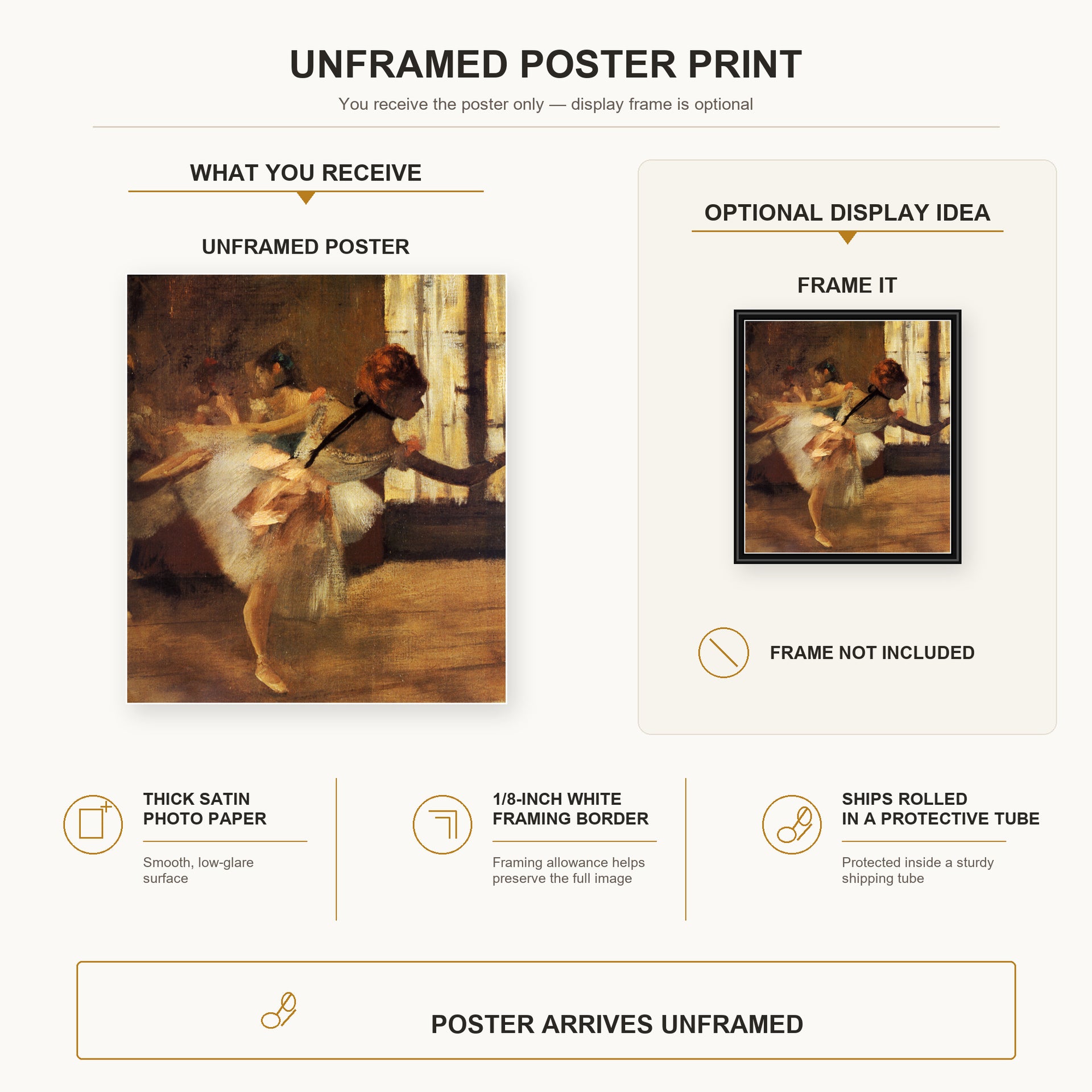 Edgar Degas - Repetition of the Dance poster print size comparison and framing display infographic
