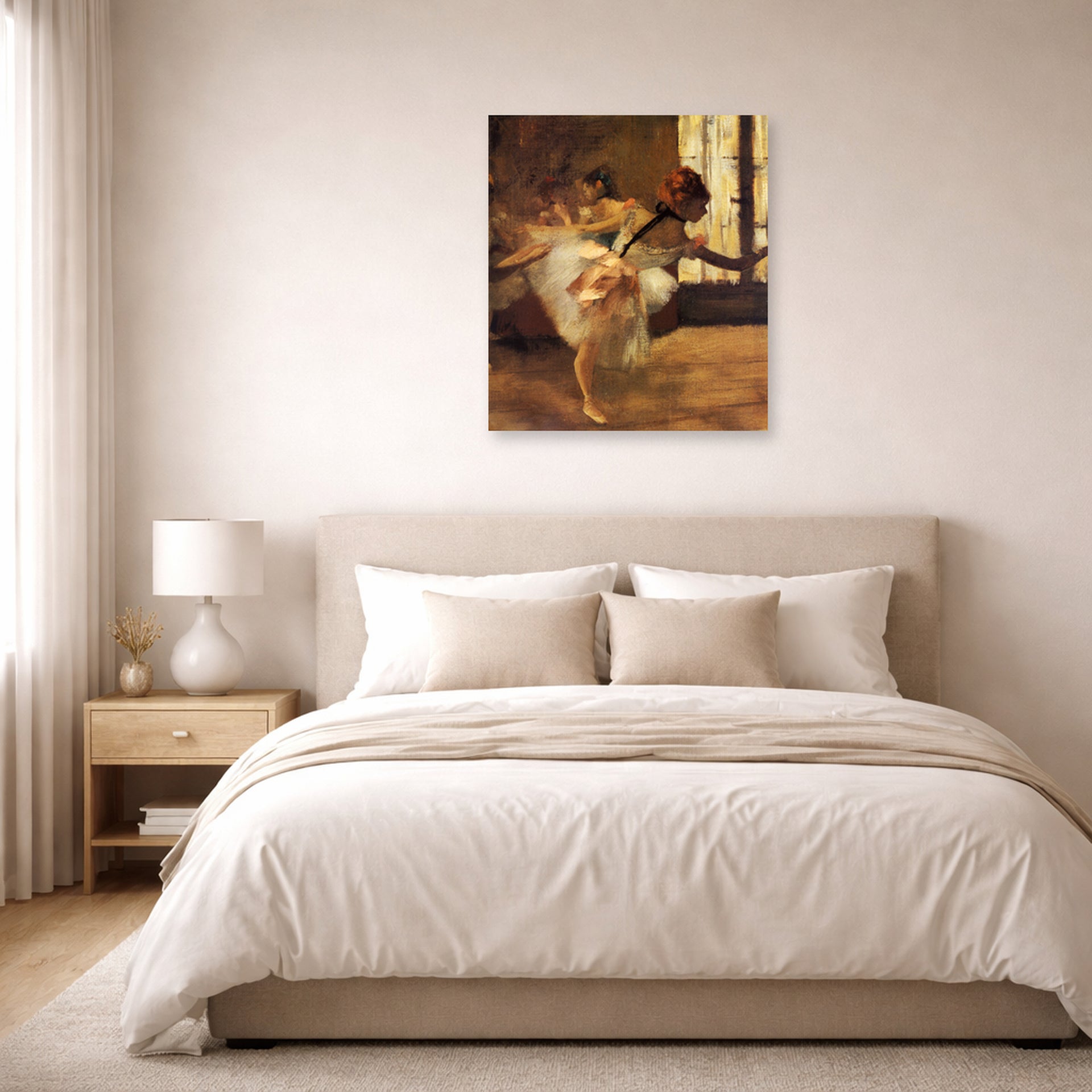 Unframed poster print of Edgar Degas's Repetition of the Dance displayed on a wall in a bedroom