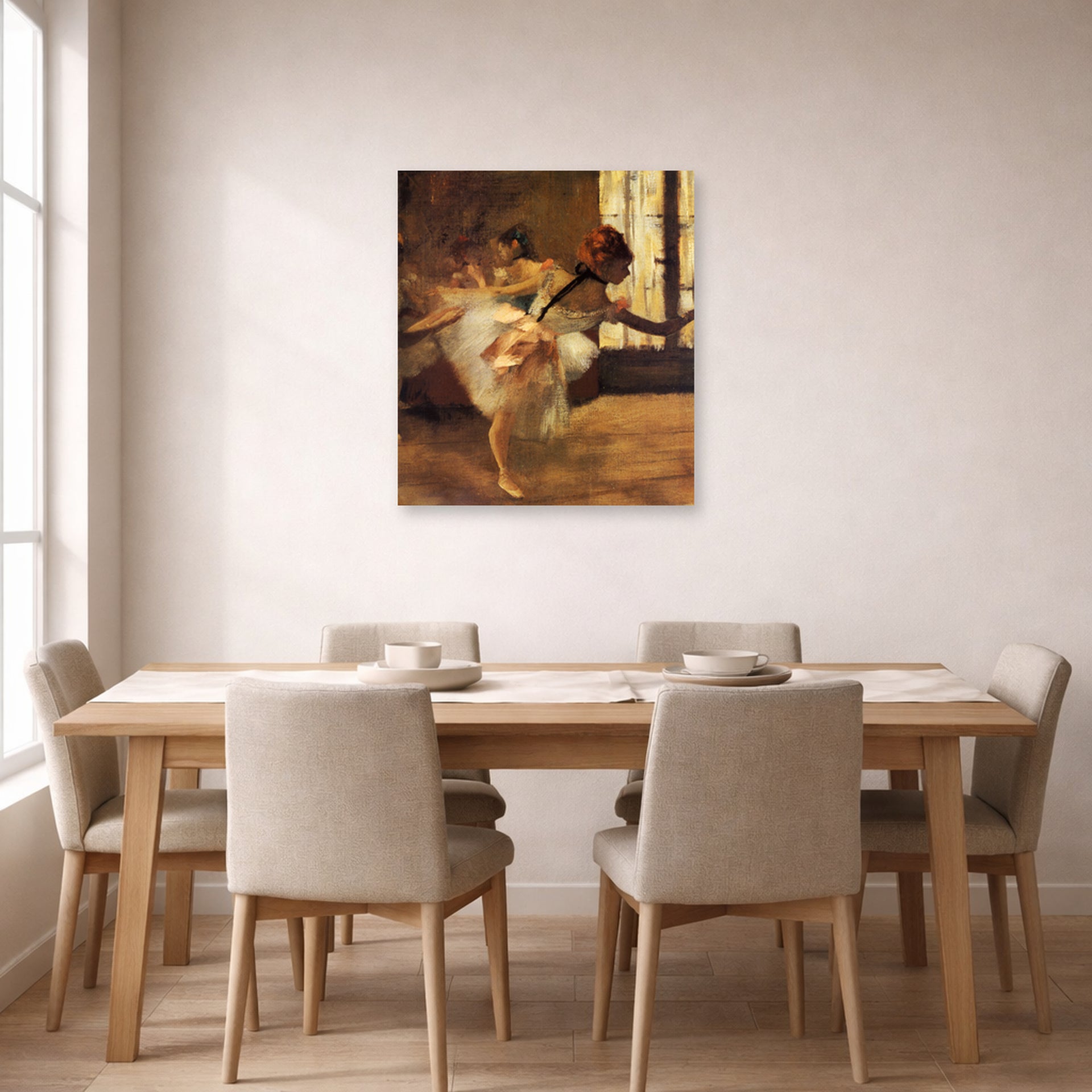 Unframed poster print of Edgar Degas's Repetition of the Dance displayed on a wall in a dining