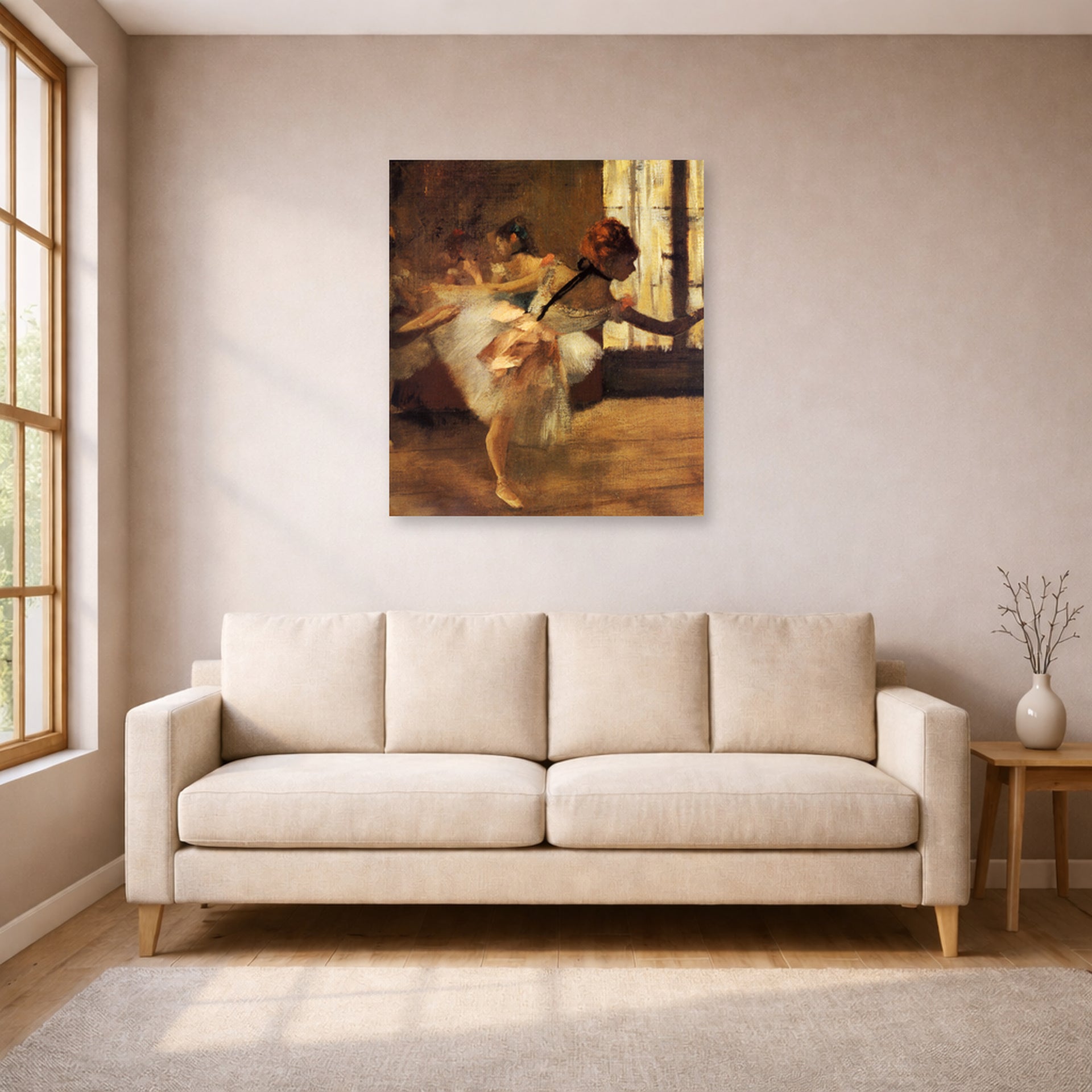 Unframed poster print of Edgar Degas's Repetition of the Dance displayed on a wall in a living room