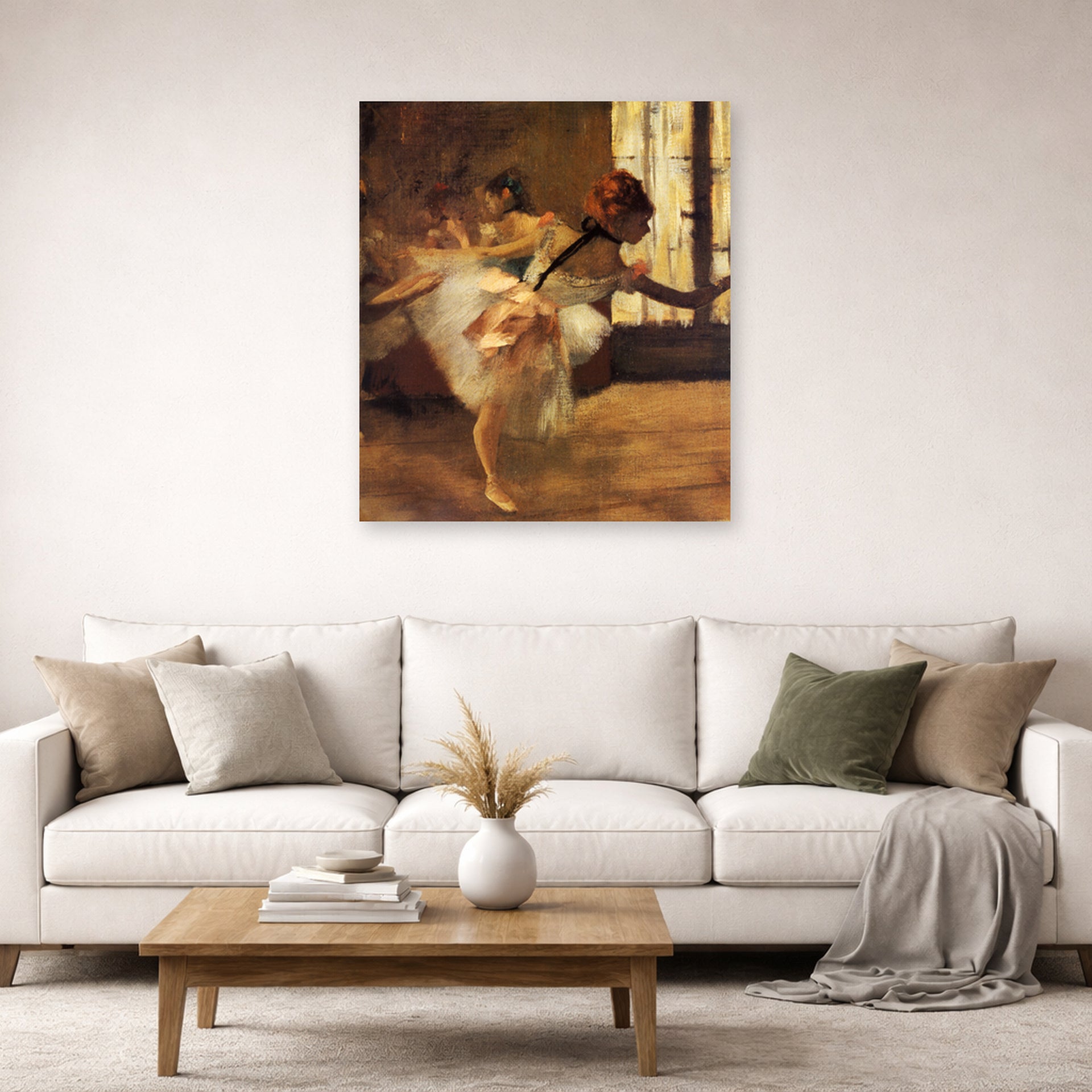 Unframed poster print of Edgar Degas's Repetition of the Dance displayed on a wall in a living room