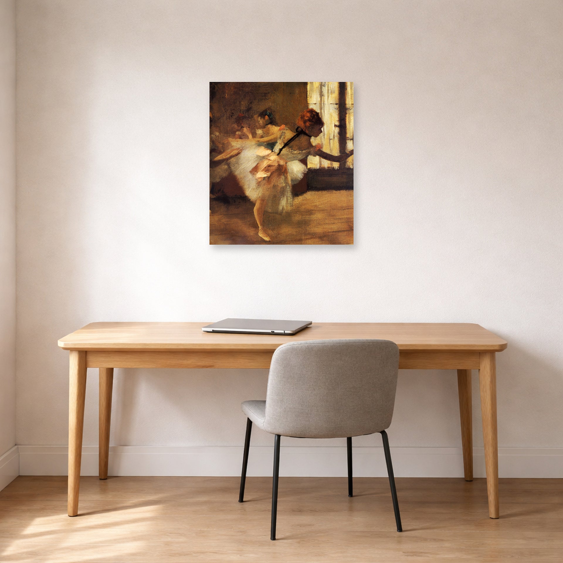 Unframed poster print of Edgar Degas's Repetition of the Dance displayed on a wall in a office