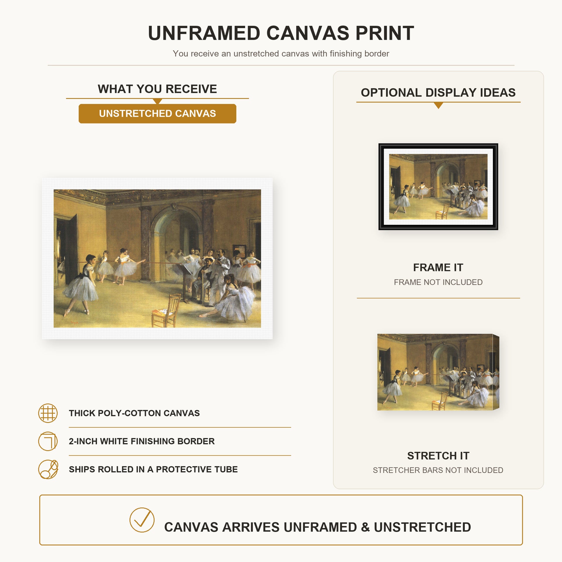 Edgar Degas - The Dance Class at Opera canvas print size comparison and framing display infographic
