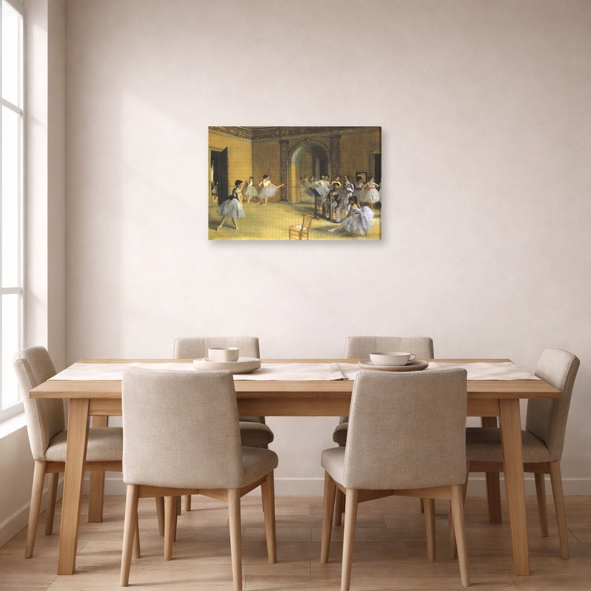 Gallery-wrapped canvas print of Edgar Degas's The Dance Class at Opera displayed on a wall in a dining