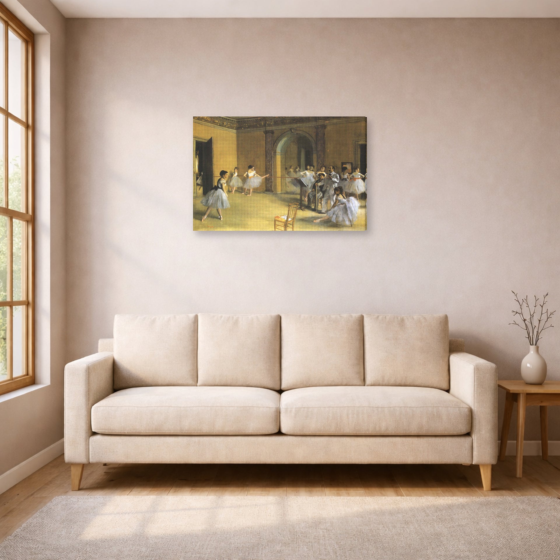 Gallery-wrapped canvas print of Edgar Degas's The Dance Class at Opera displayed on a wall in a living room