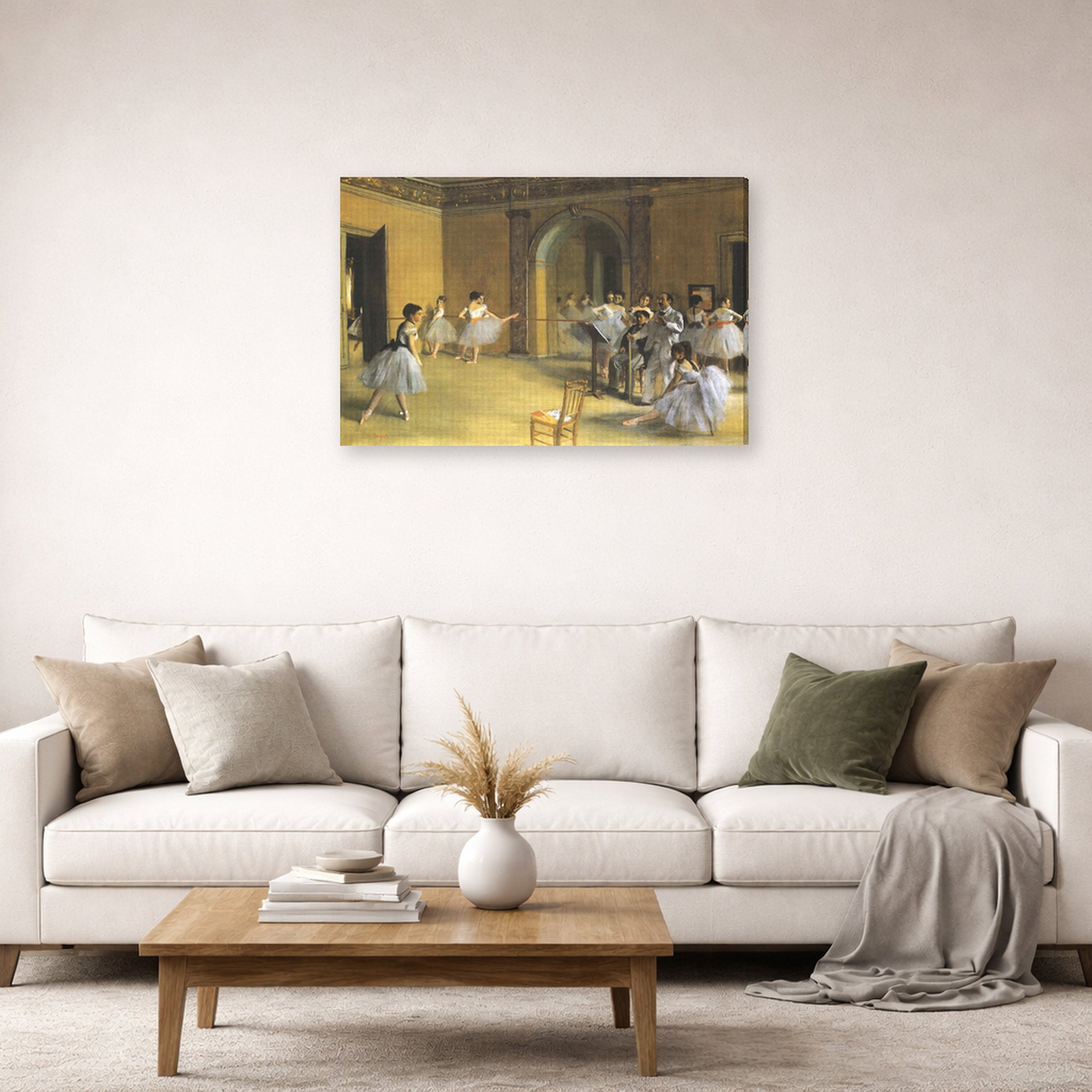 Gallery-wrapped canvas print of Edgar Degas's The Dance Class at Opera displayed on a wall in a living room