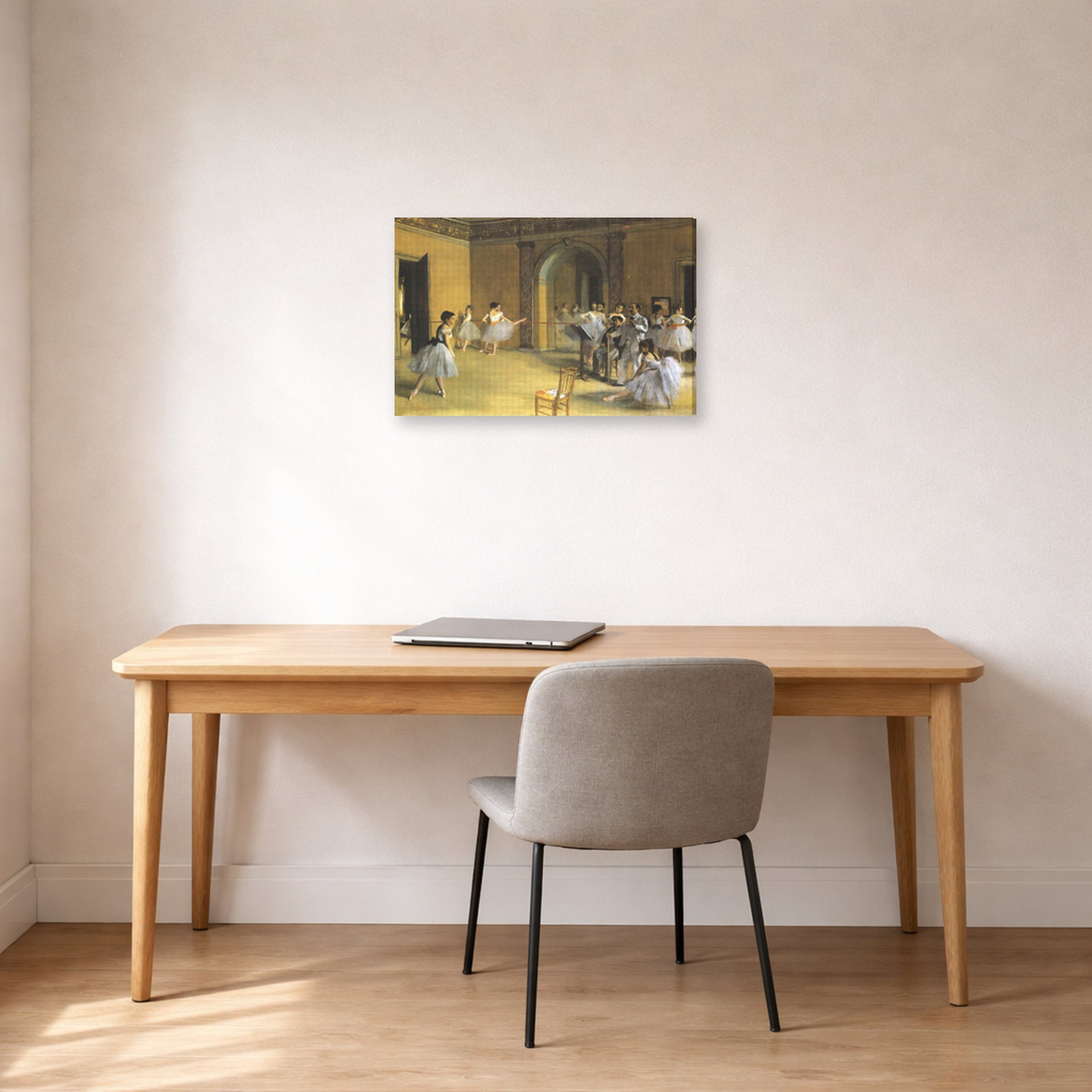 Gallery-wrapped canvas print of Edgar Degas's The Dance Class at Opera displayed on a wall in a office