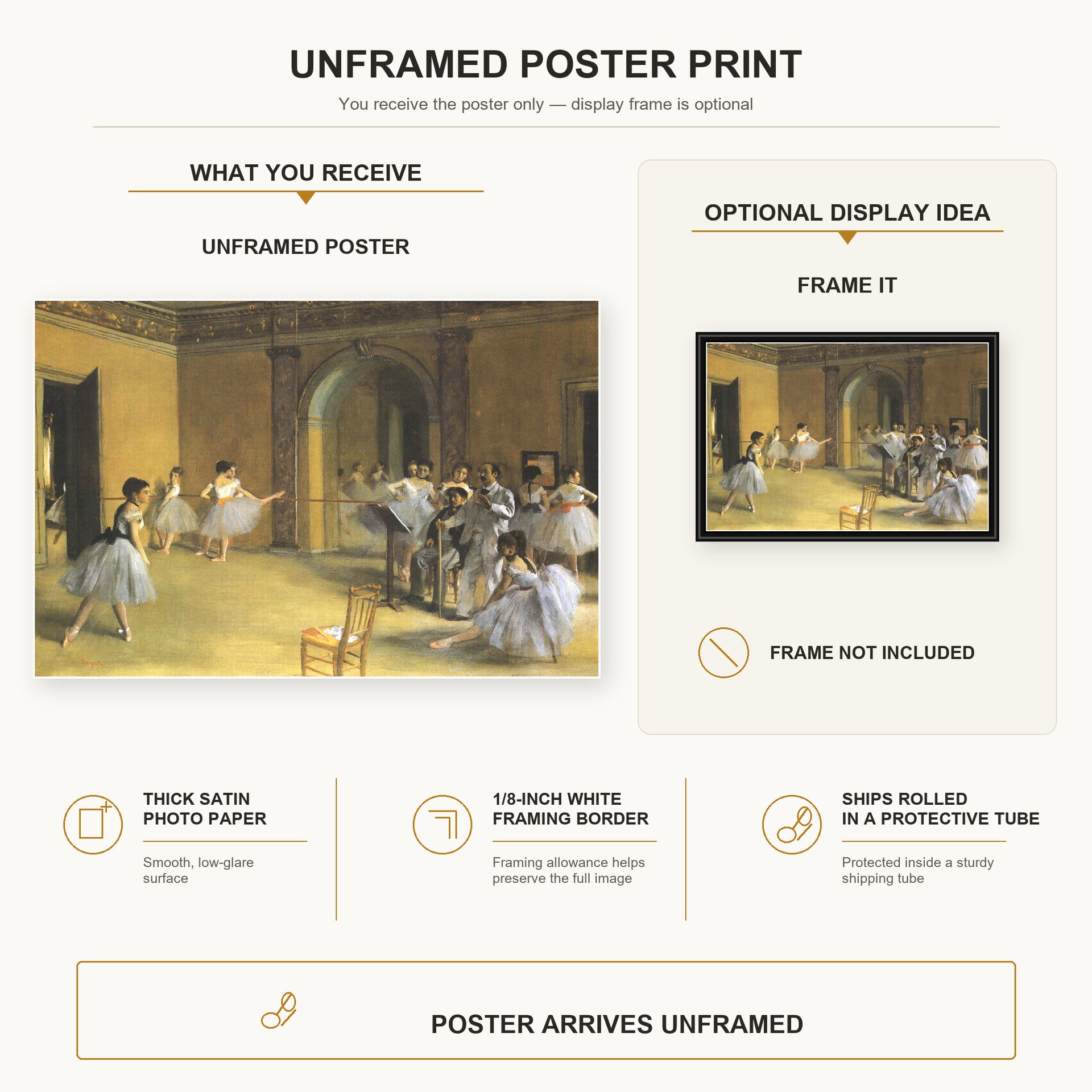 Edgar Degas - The Dance Class at Opera poster print size comparison and framing display infographic