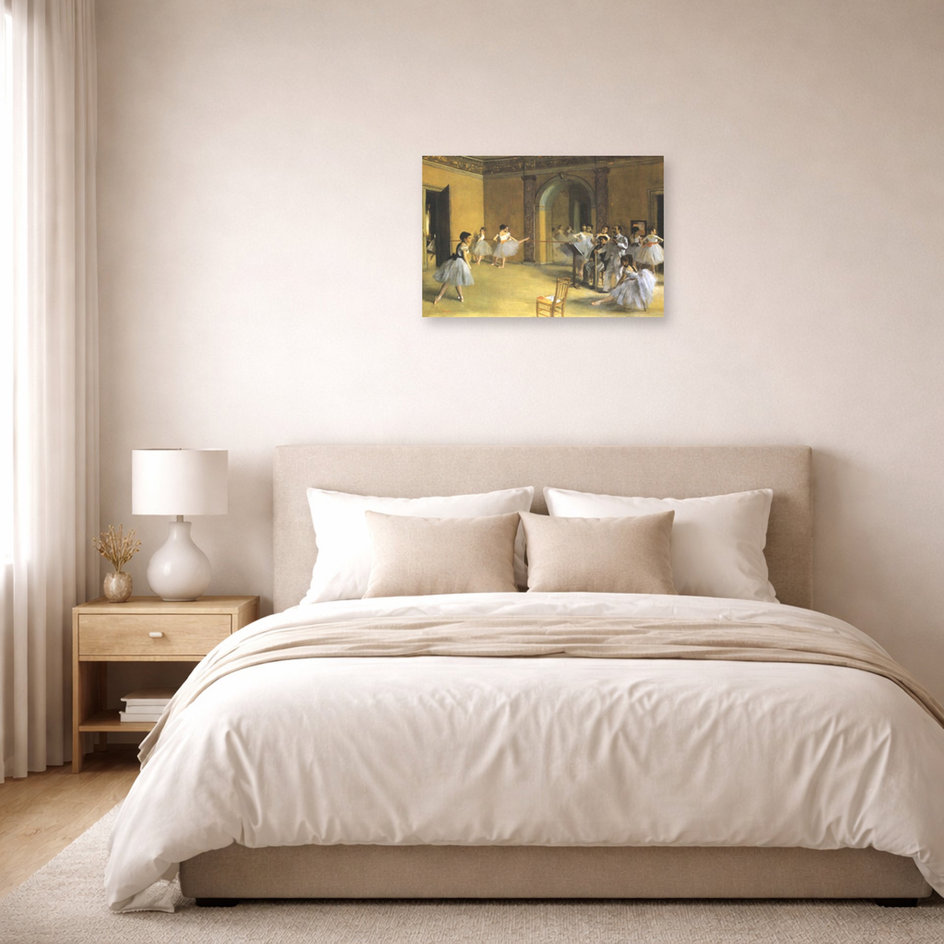 Unframed poster print of Edgar Degas's The Dance Class at Opera displayed on a wall in a bedroom