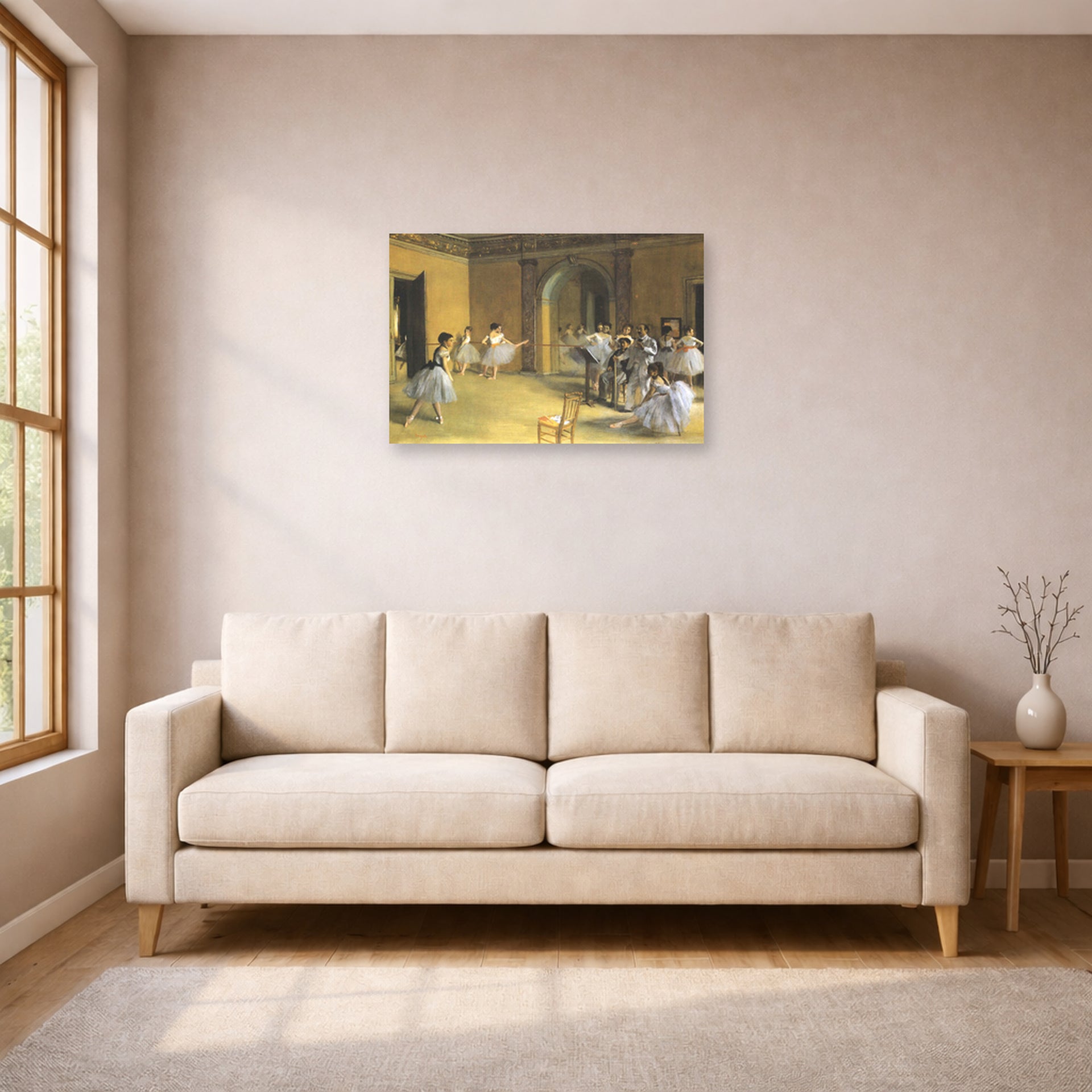 Unframed poster print of Edgar Degas's The Dance Class at Opera displayed on a wall in a living room