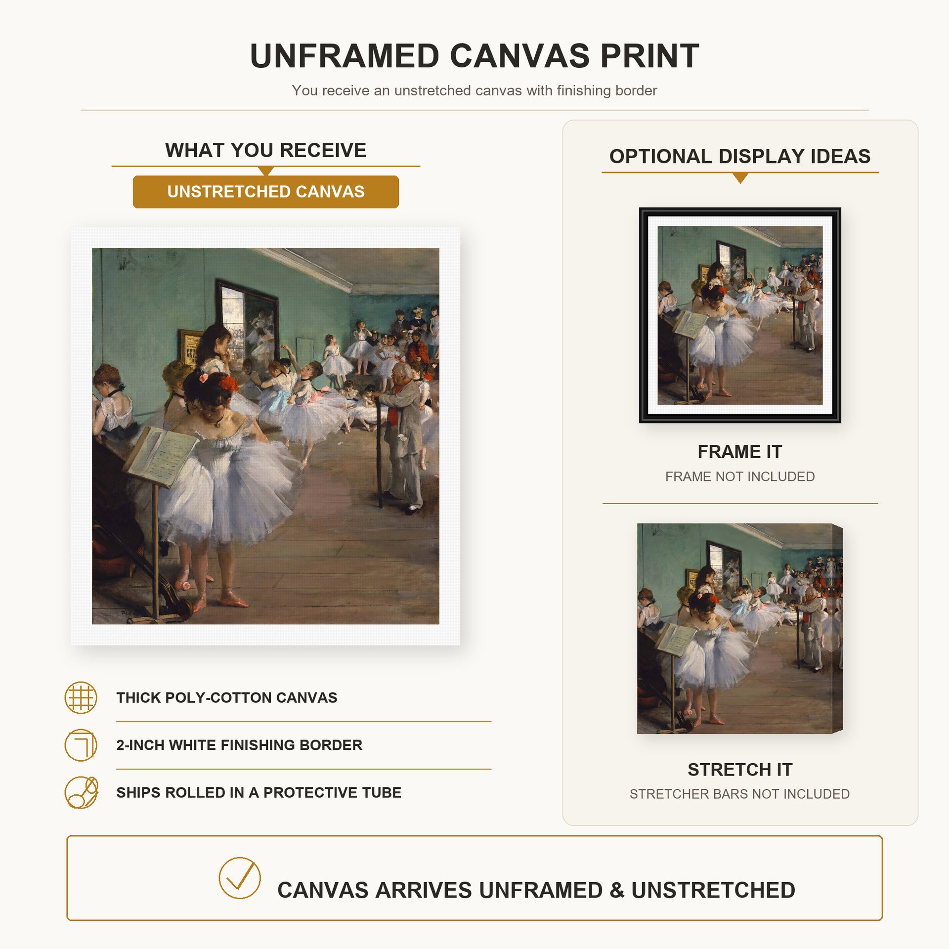 Edgar Degas - The Dance Class canvas print size comparison and framing display infographic