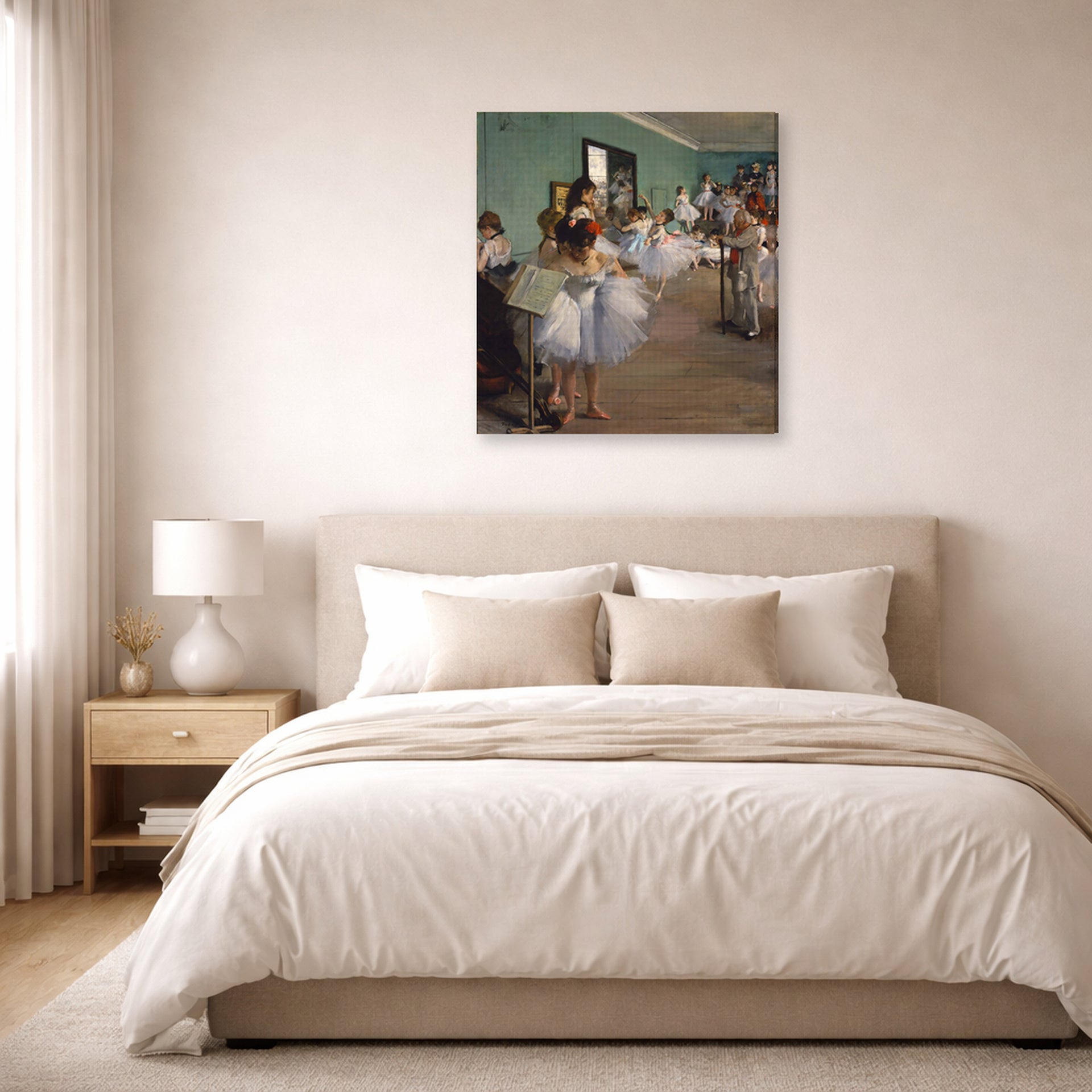 Gallery-wrapped canvas print of Edgar Degas's The Dance Class displayed on a wall in a bedroom