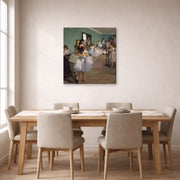 Gallery-wrapped canvas print of Edgar Degas's The Dance Class displayed on a wall in a dining