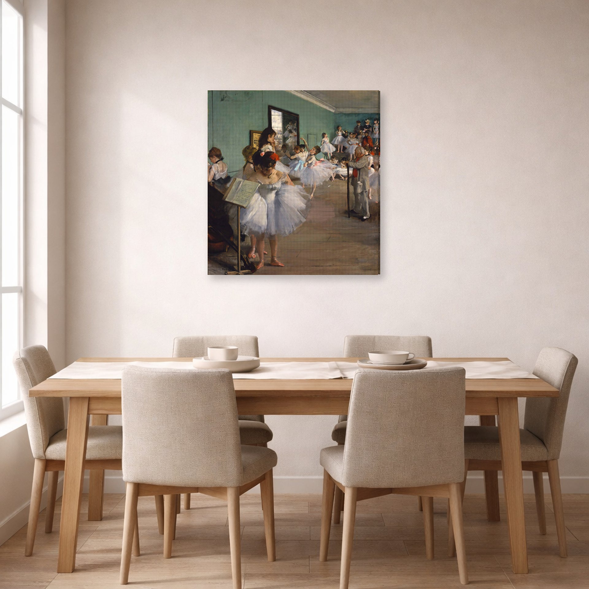 Gallery-wrapped canvas print of Edgar Degas's The Dance Class displayed on a wall in a dining