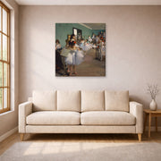 Gallery-wrapped canvas print of Edgar Degas's The Dance Class displayed on a wall in a living room
