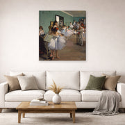Gallery-wrapped canvas print of Edgar Degas's The Dance Class displayed on a wall in a living room