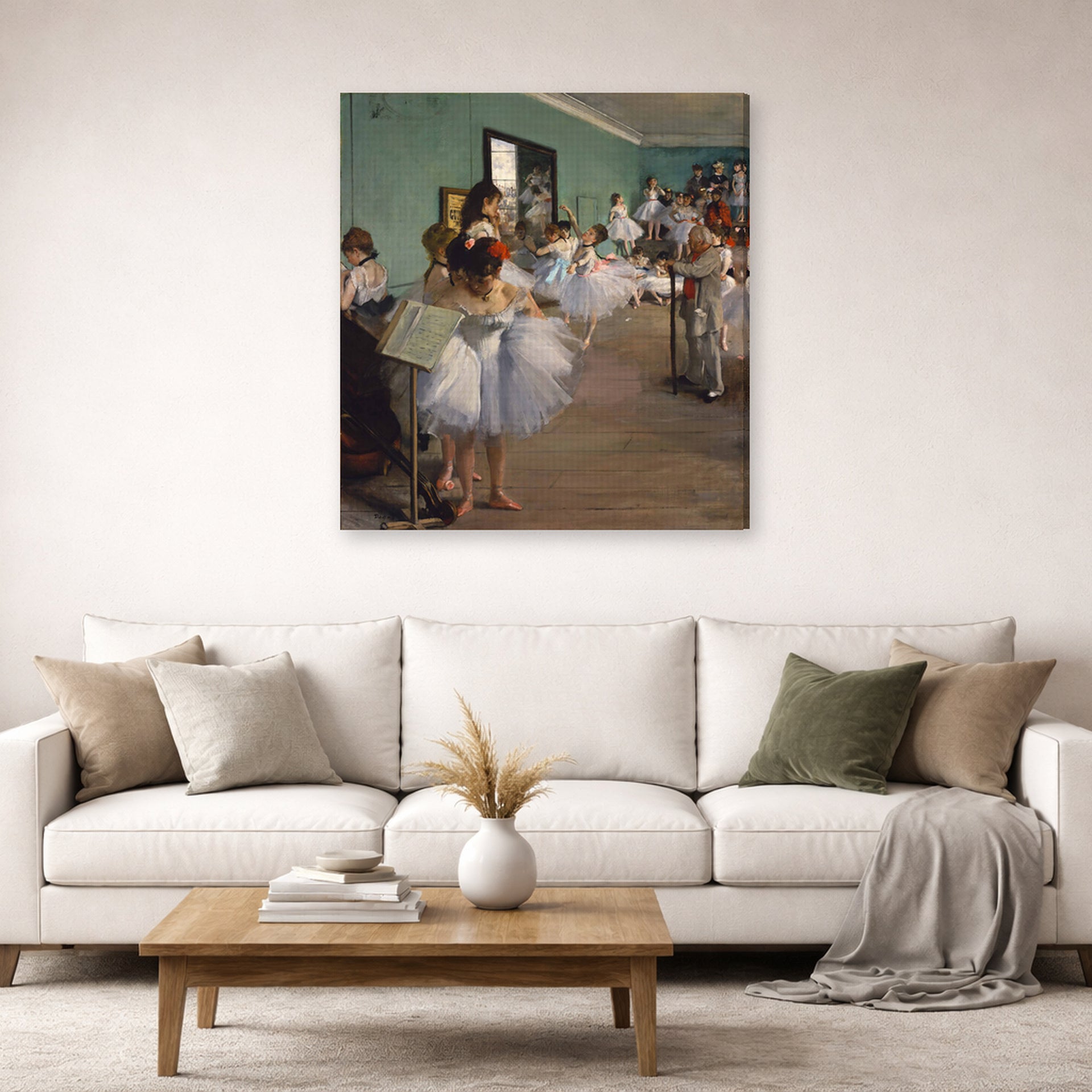 Gallery-wrapped canvas print of Edgar Degas's The Dance Class displayed on a wall in a living room
