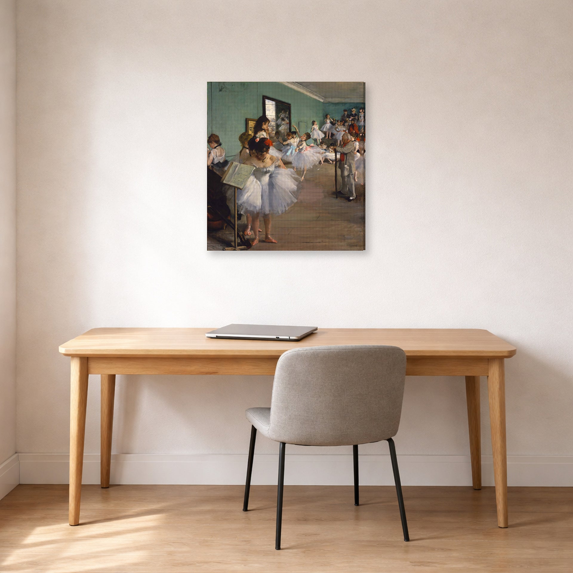 Gallery-wrapped canvas print of Edgar Degas's The Dance Class displayed on a wall in a office