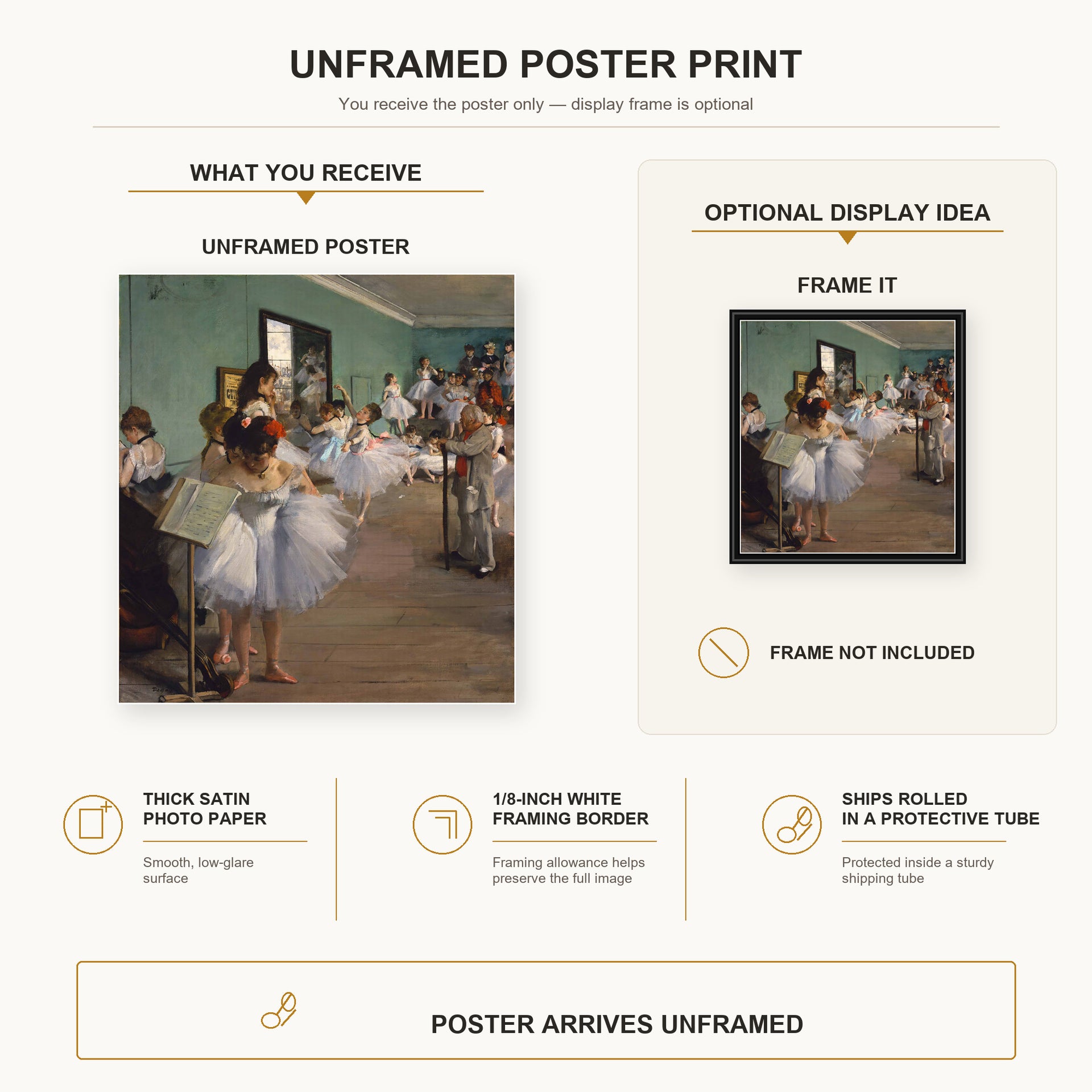 Edgar Degas - The Dance Class poster print size comparison and framing display infographic