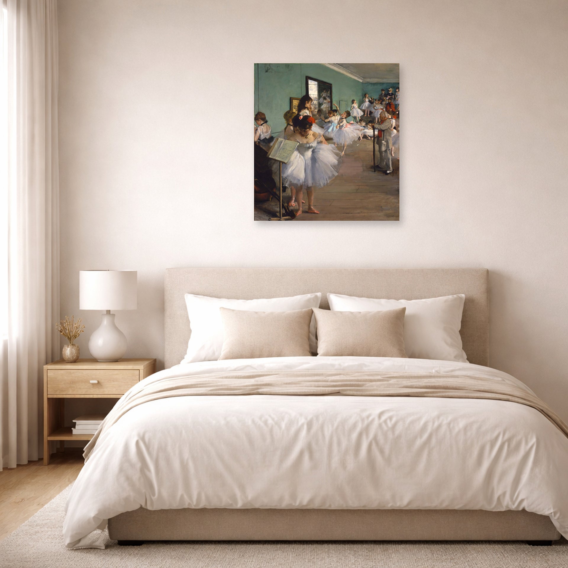 Unframed poster print of Edgar Degas's The Dance Class displayed on a wall in a bedroom