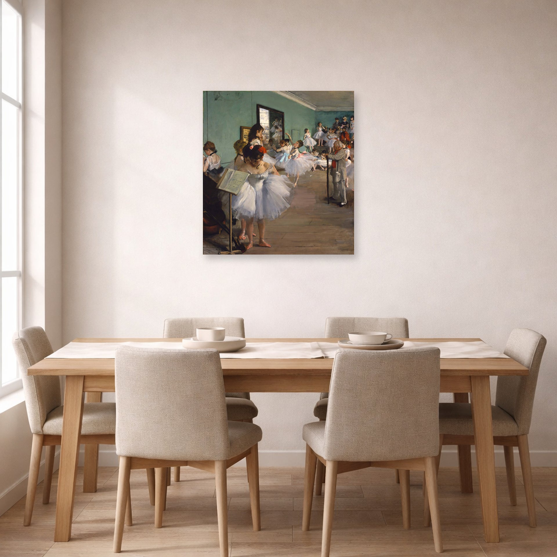 Unframed poster print of Edgar Degas's The Dance Class displayed on a wall in a dining