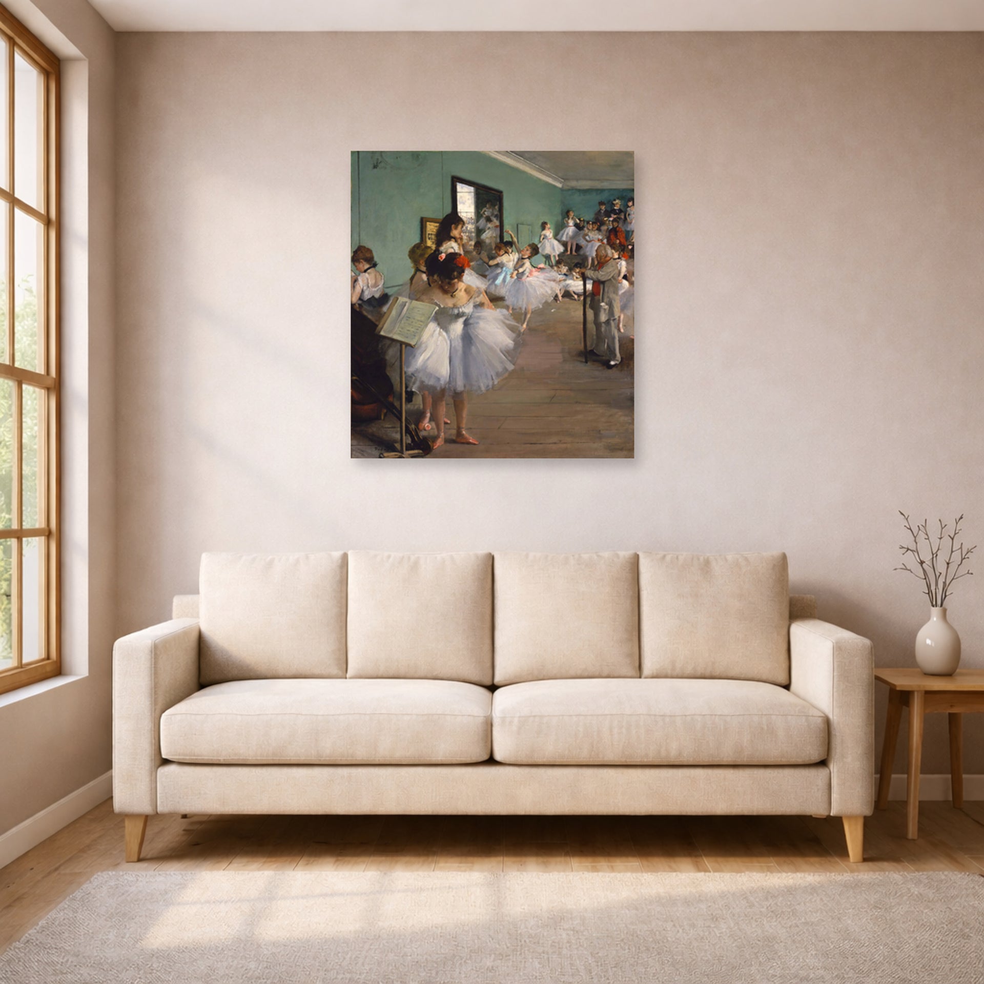 Unframed poster print of Edgar Degas's The Dance Class displayed on a wall in a living room