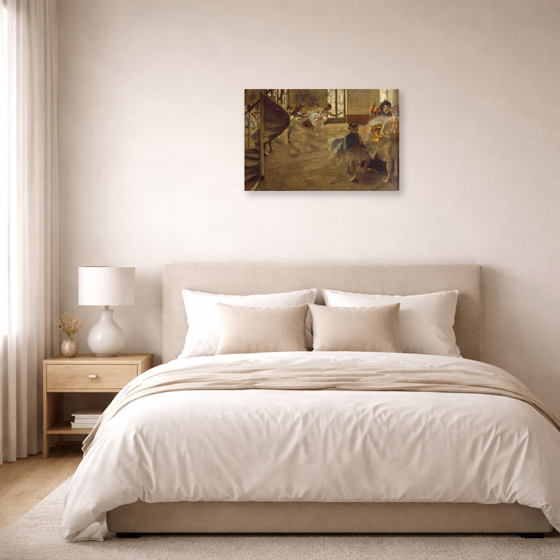 Gallery-wrapped canvas print of Edgar Degas's The Rehearsal displayed on a wall in a bedroom
