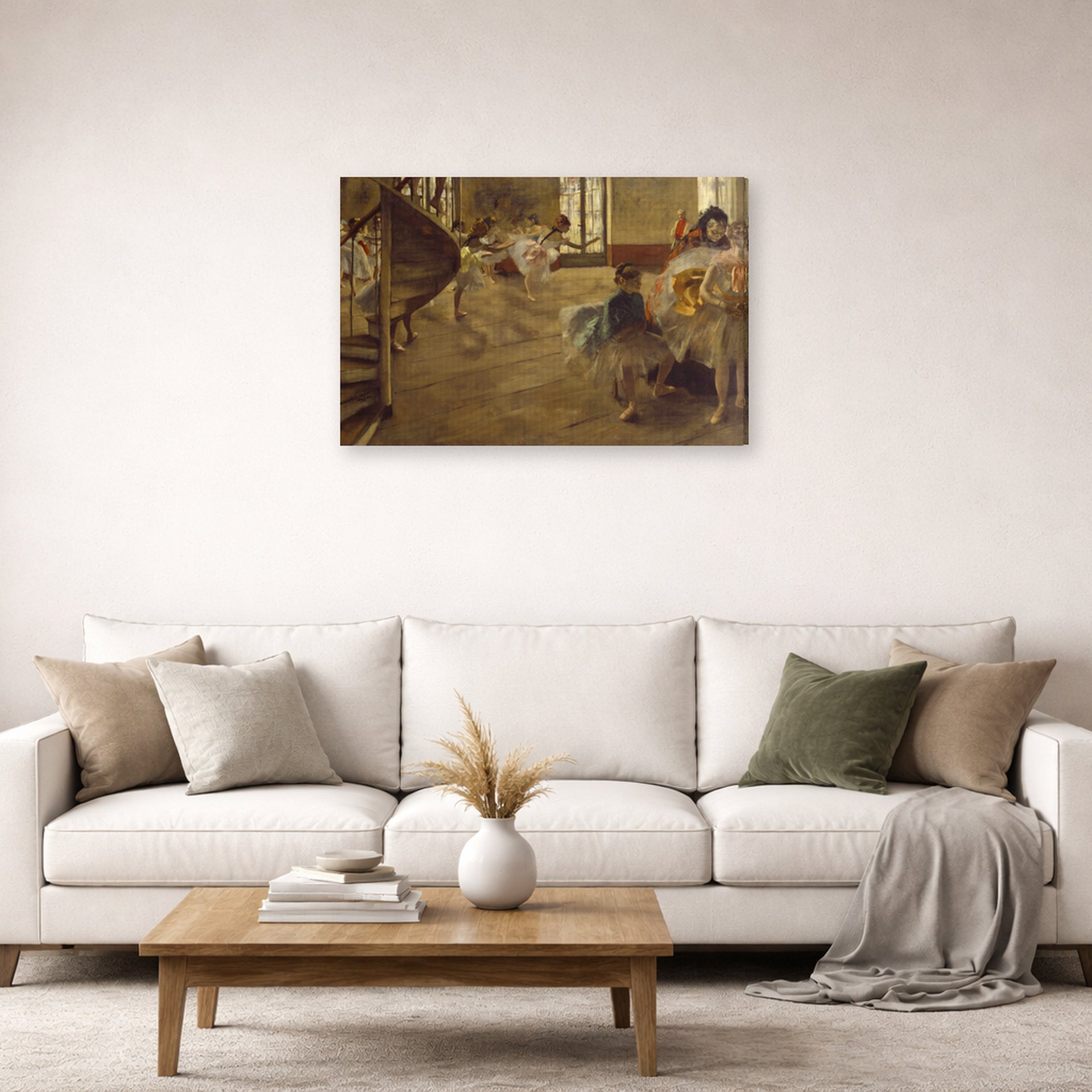 Gallery-wrapped canvas print of Edgar Degas's The Rehearsal displayed on a wall in a living room