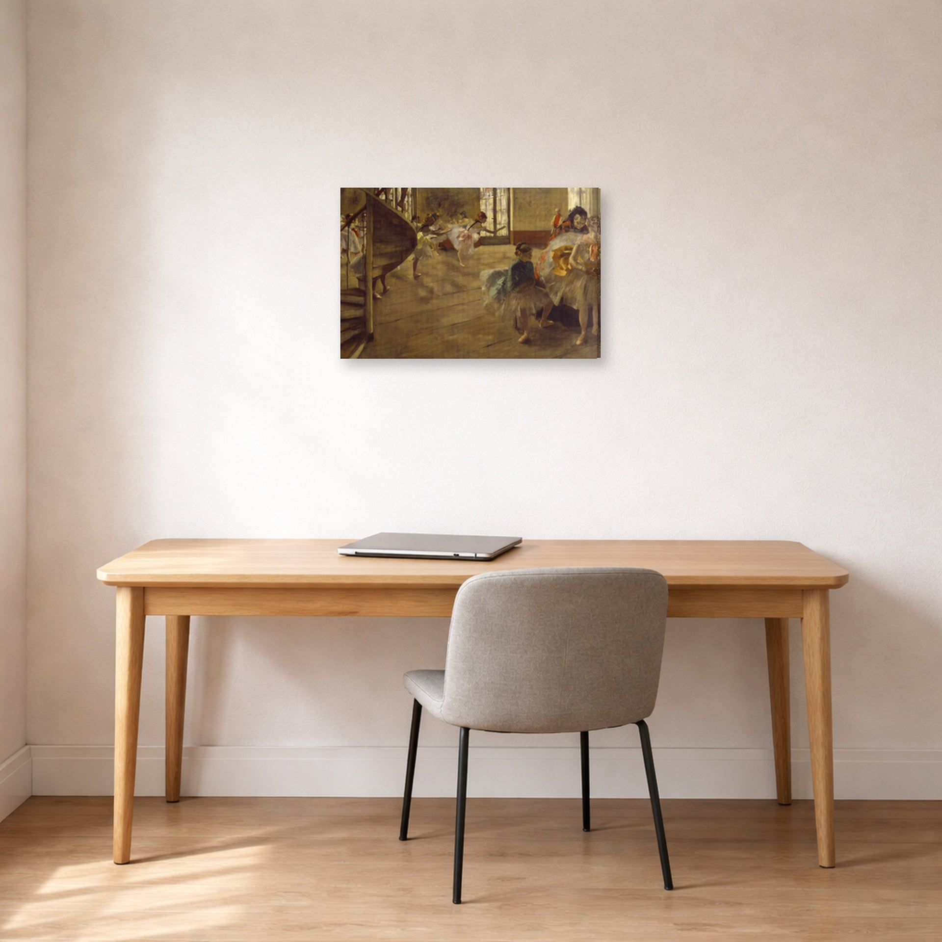 Gallery-wrapped canvas print of Edgar Degas's The Rehearsal displayed on a wall in a office
