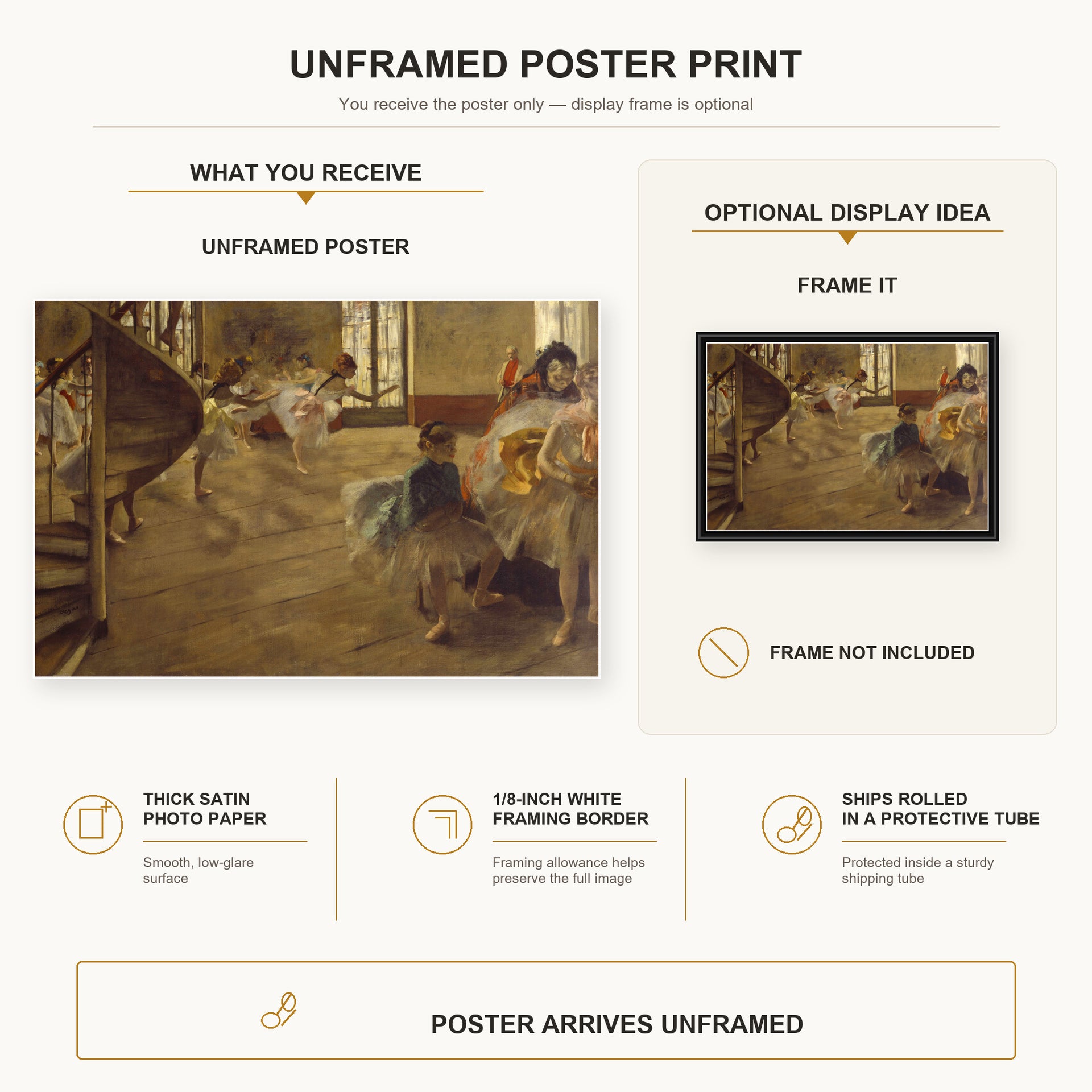 Edgar Degas - The Rehearsal poster print size comparison and framing display infographic