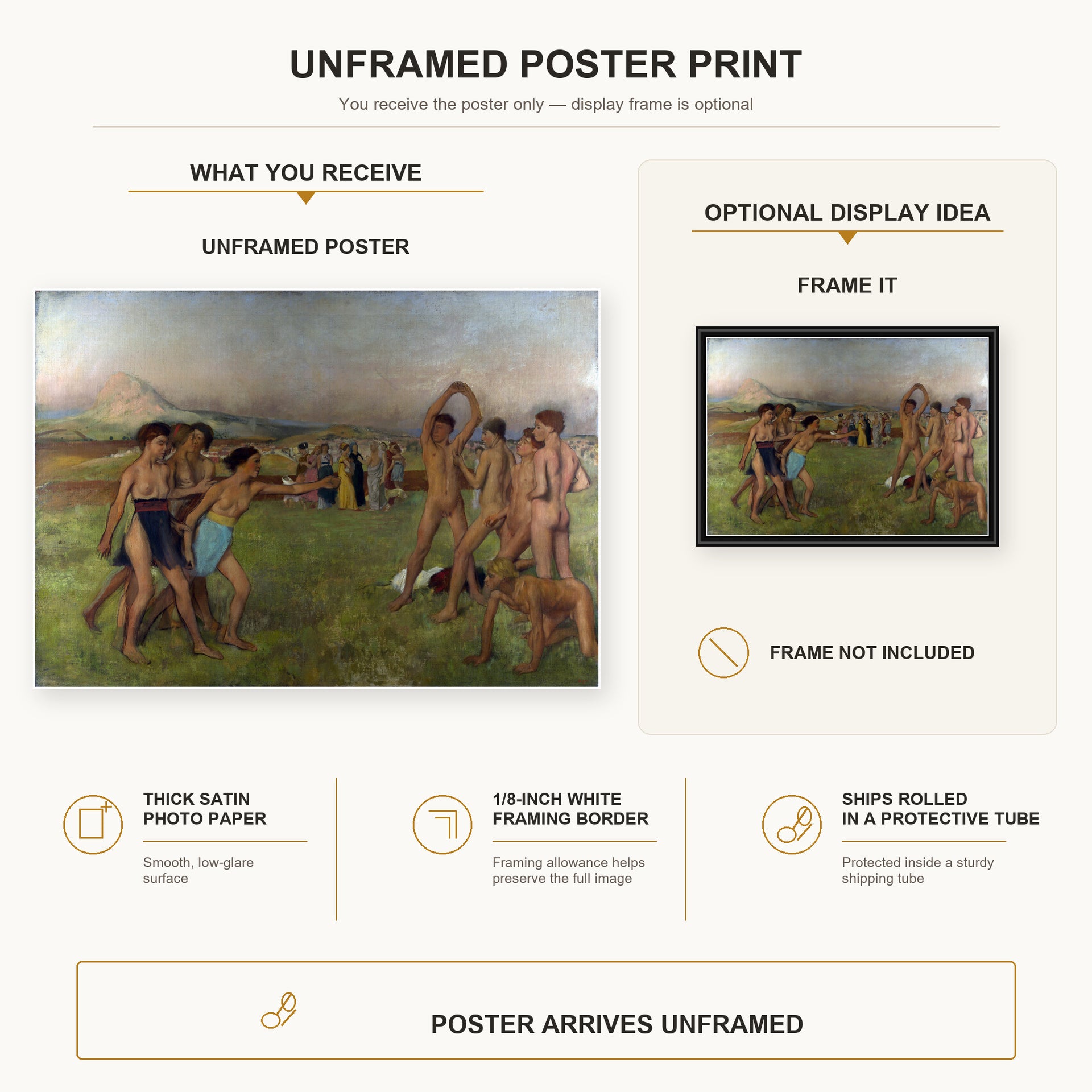 Edgar Degas - Young Spartans Exercising poster print size comparison and framing display infographic