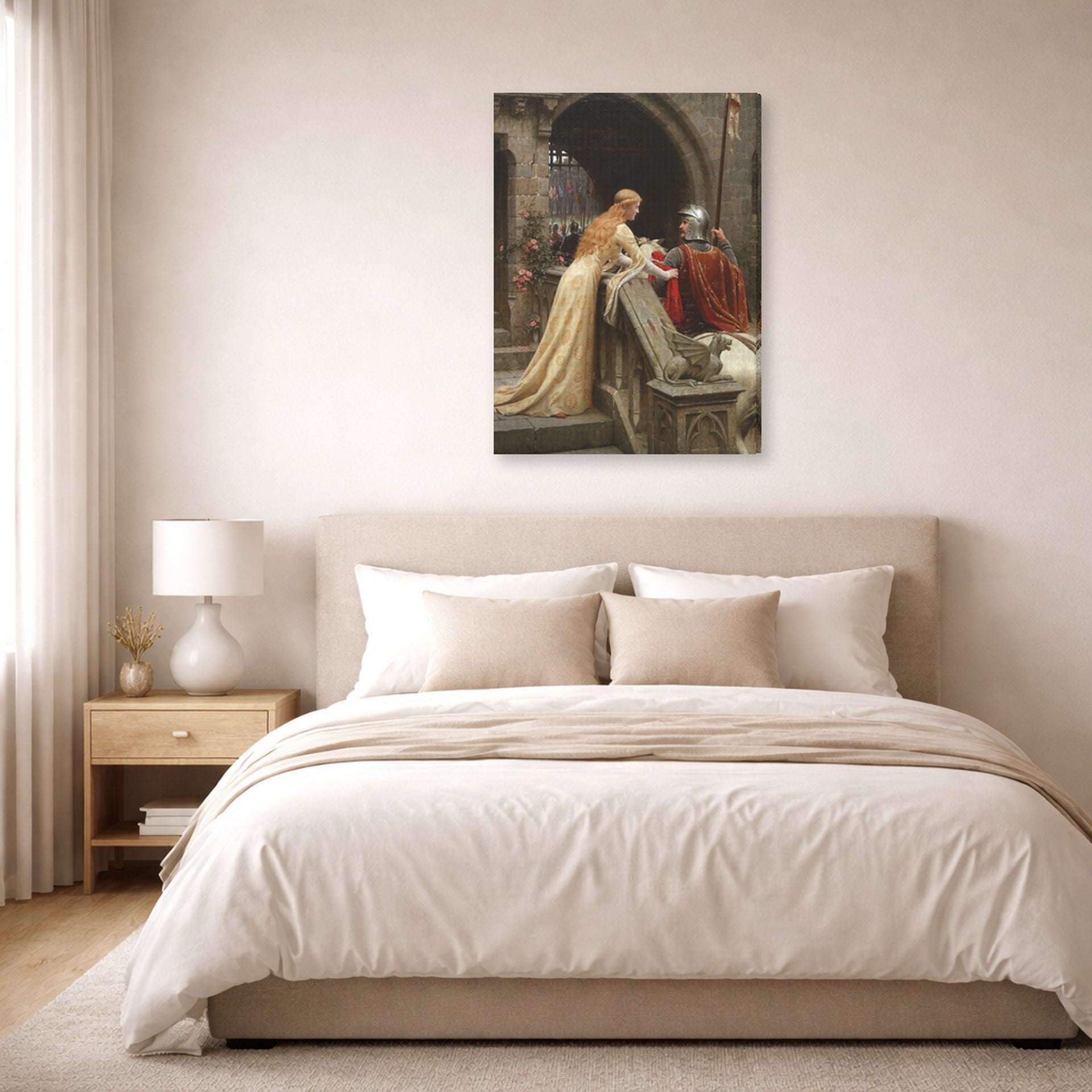 Gallery-wrapped canvas print of Edmund Blair Leighton's 'God Speed' displayed on a wall in a bedroom