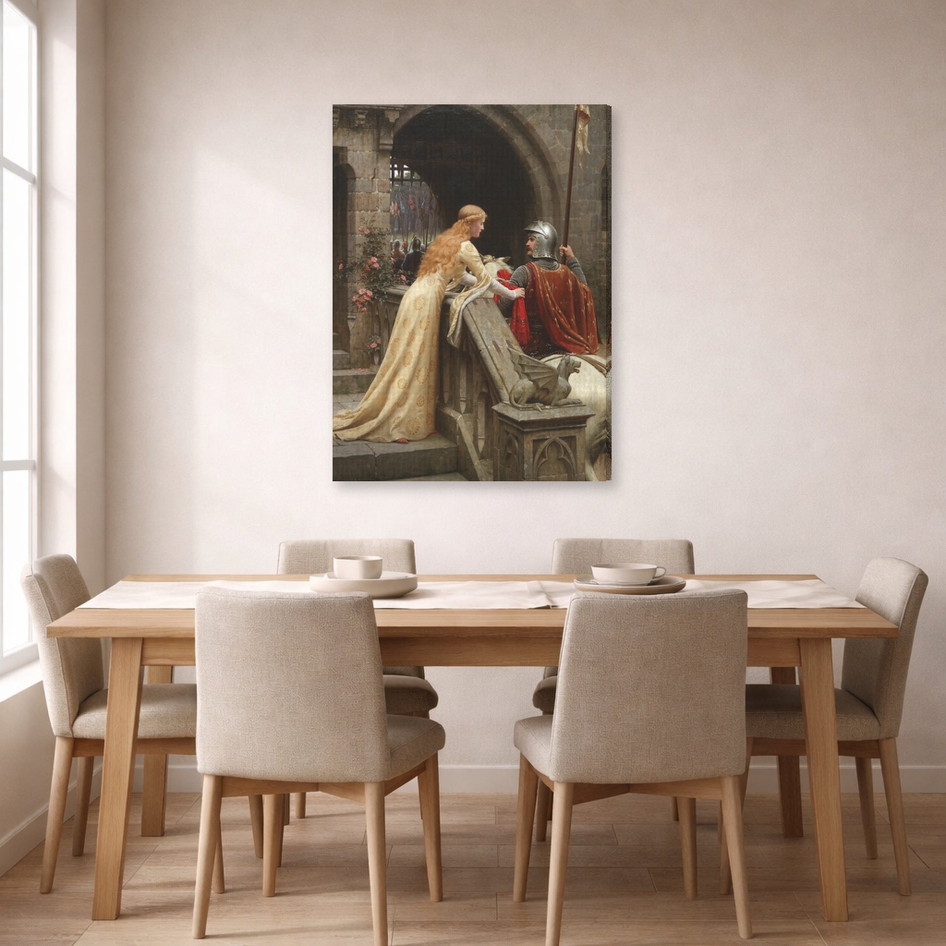 Gallery-wrapped canvas print of Edmund Blair Leighton's 'God Speed' displayed on a wall in a dining room