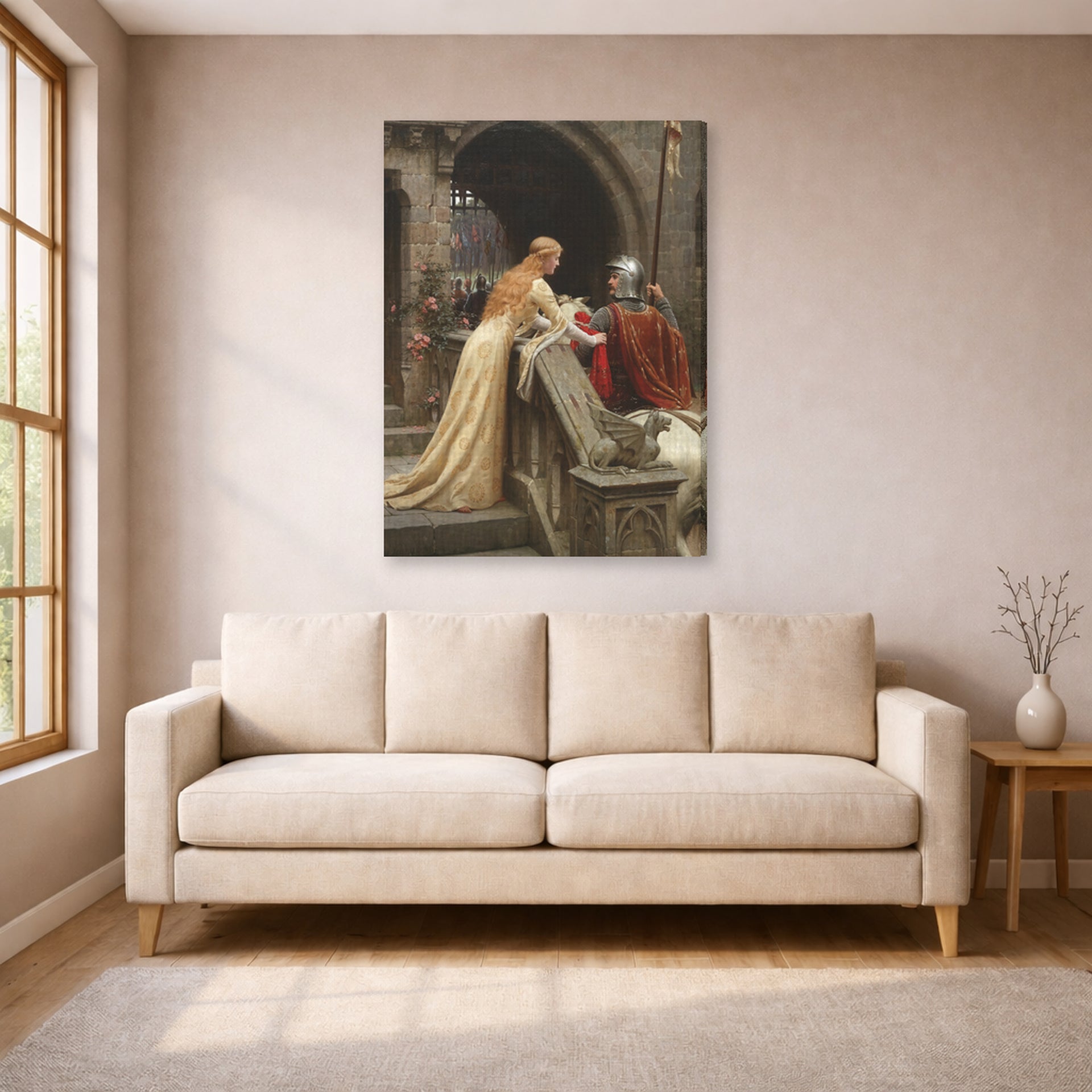 Gallery-wrapped canvas print of Edmund Blair Leighton's 'God Speed' displayed on a wall in a living room
