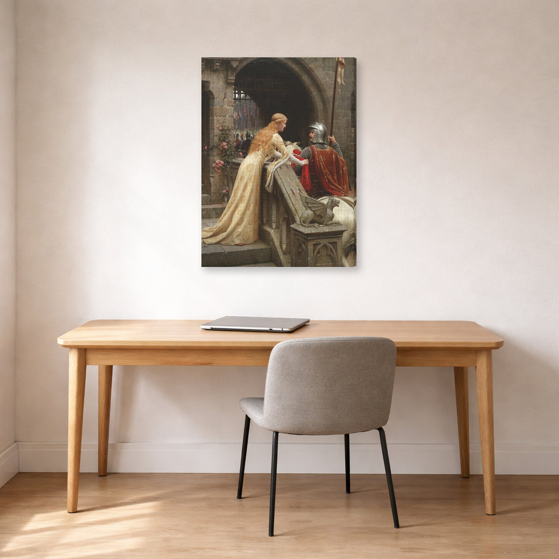 Gallery-wrapped canvas print of Edmund Blair Leighton's 'God Speed' displayed on a wall in an office