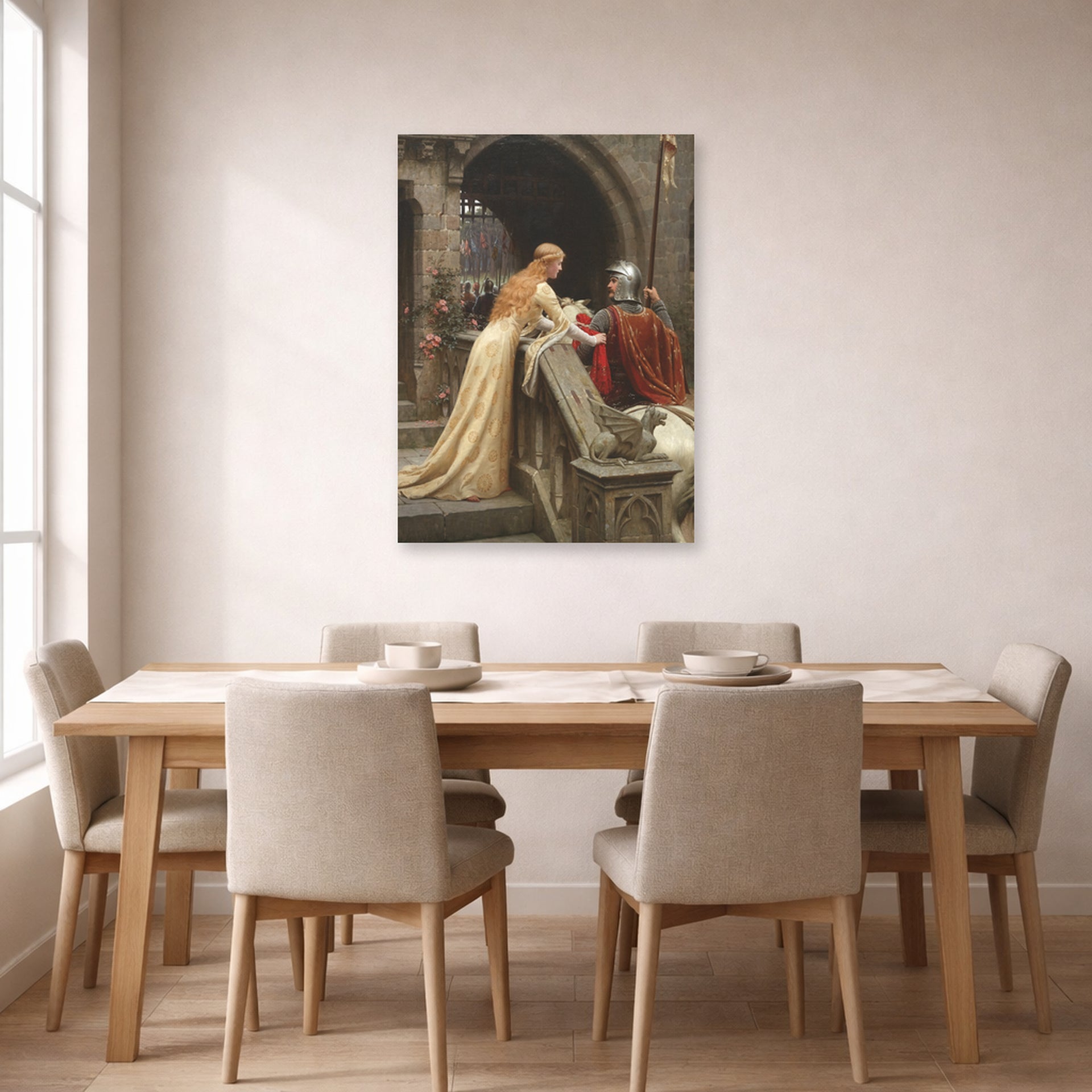 Unframed poster print of Edmund Blair Leighton's 'God Speed' displayed on a wall in a dining room