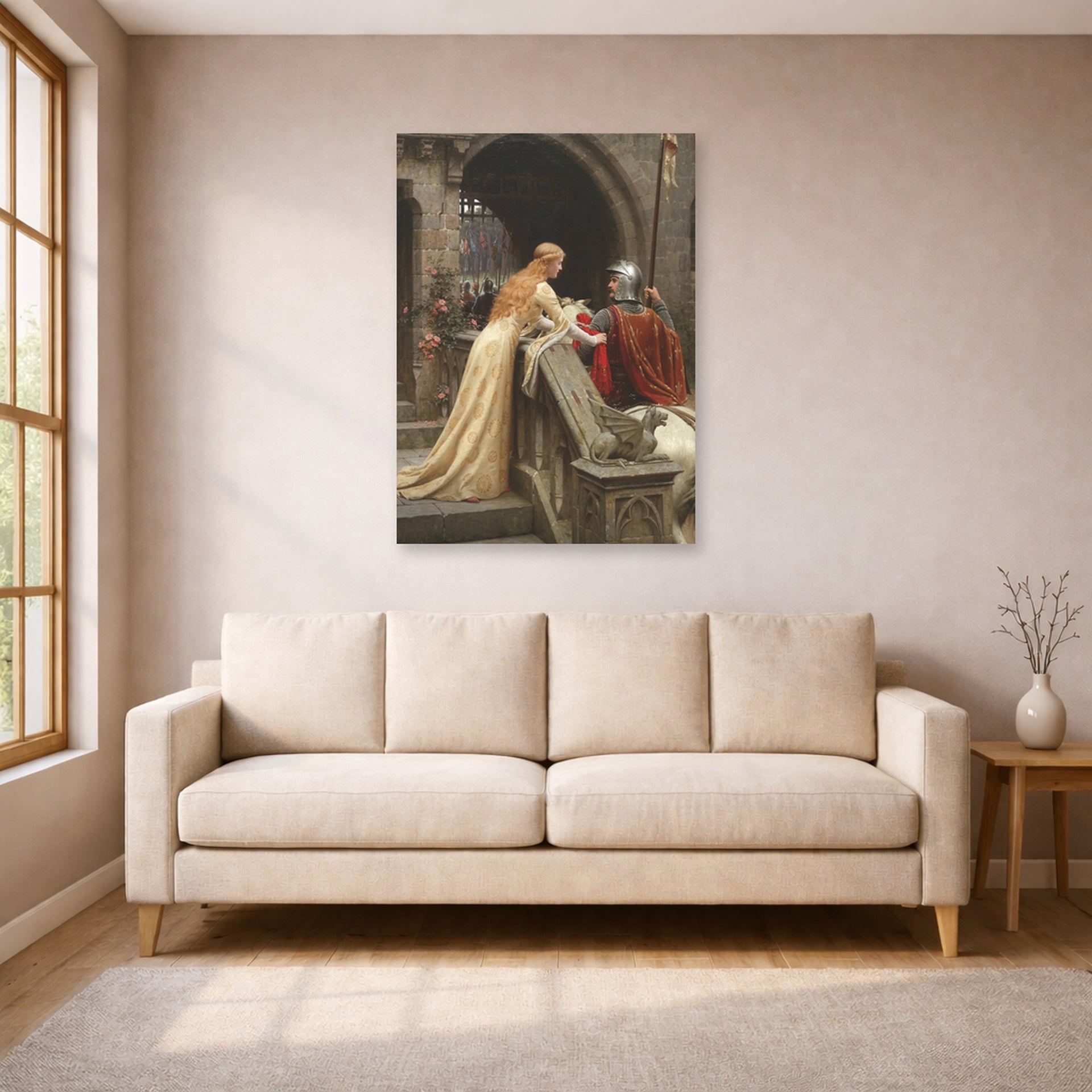 Unframed poster print of Edmund Blair Leighton's 'God Speed' displayed on a wall in a living room