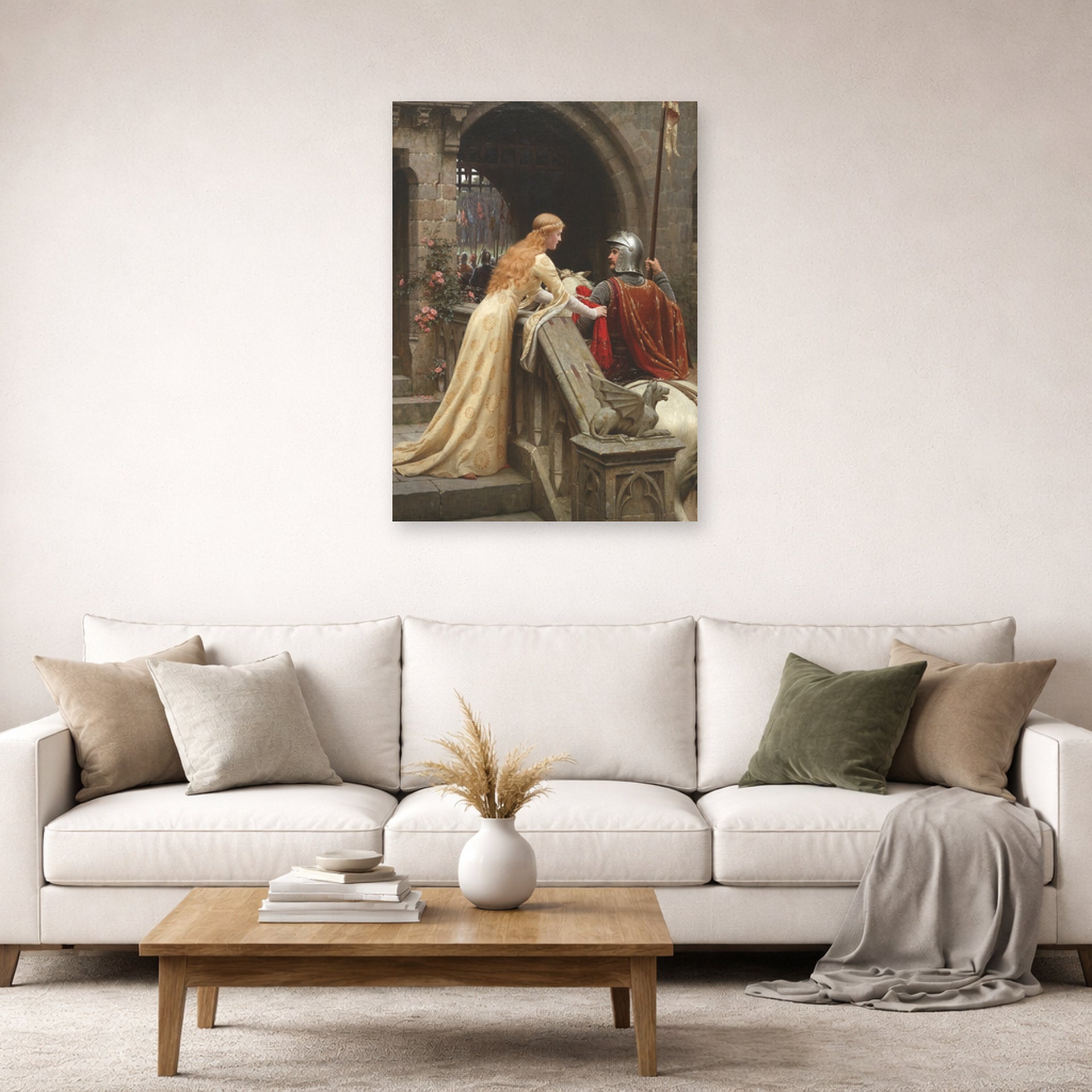 Unframed poster print of Edmund Blair Leighton's 'God Speed' displayed on a wall in a living room