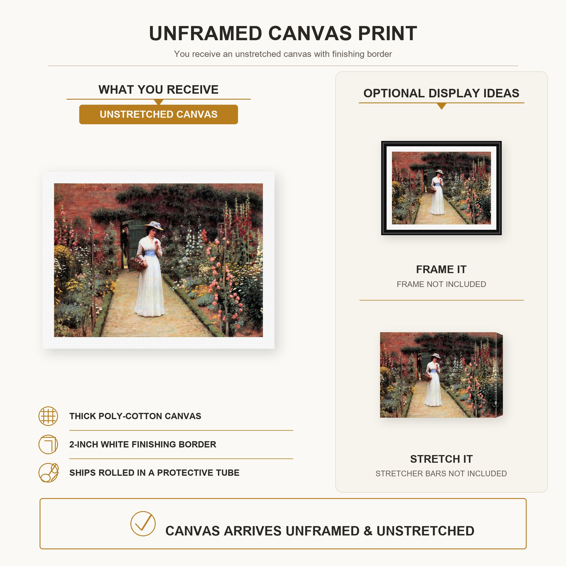 Edmund Blair Leighton - Lady in Garden canvas print size comparison and framing display infographic