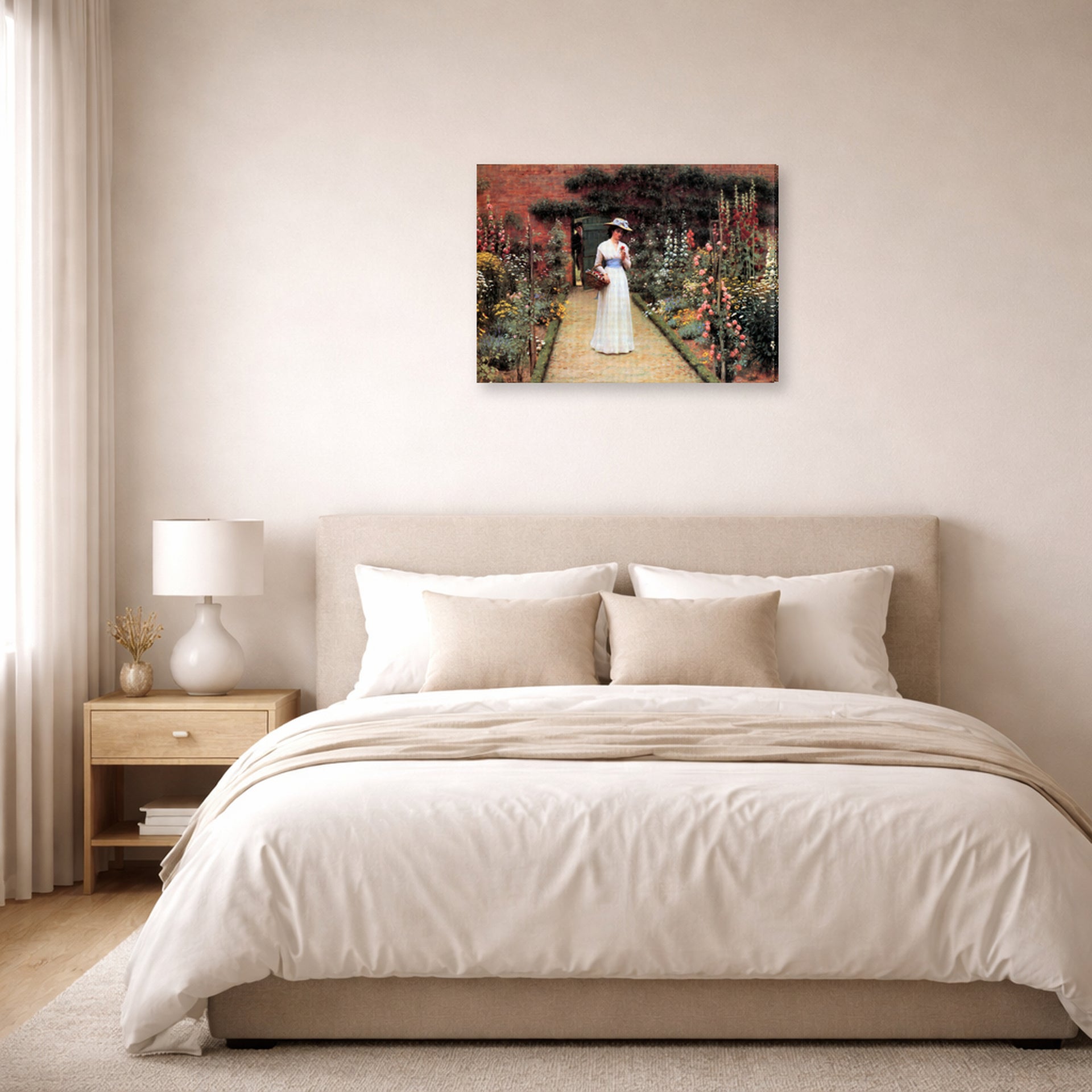 Gallery-wrapped canvas print of Edmund Blair Leighton's 'Lady in Garden' displayed on a wall in a bedroom