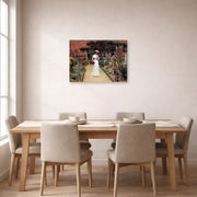 Gallery-wrapped canvas print of Edmund Blair Leighton's 'Lady in Garden' displayed on a wall in a dining room