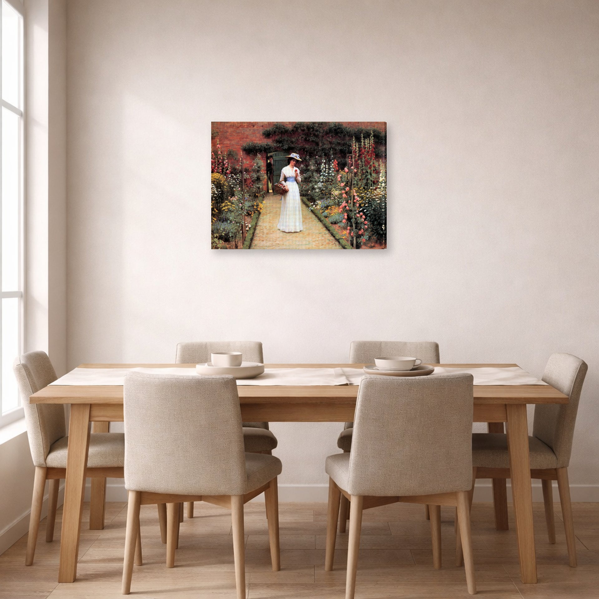 Gallery-wrapped canvas print of Edmund Blair Leighton's 'Lady in Garden' displayed on a wall in a dining room