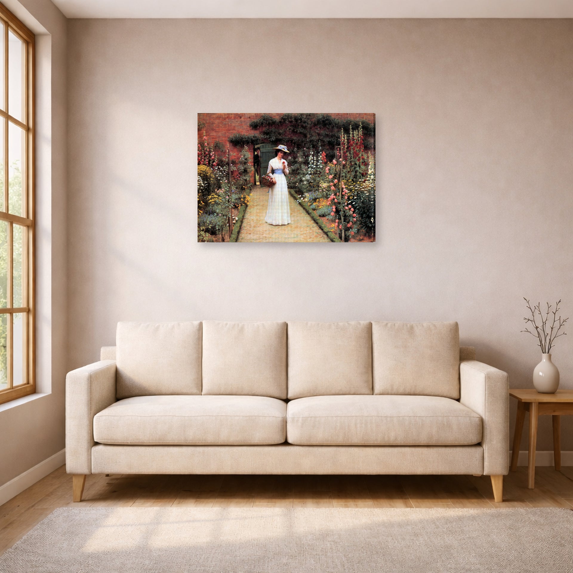 Gallery-wrapped canvas print of Edmund Blair Leighton's 'Lady in Garden' displayed on a wall in a living room